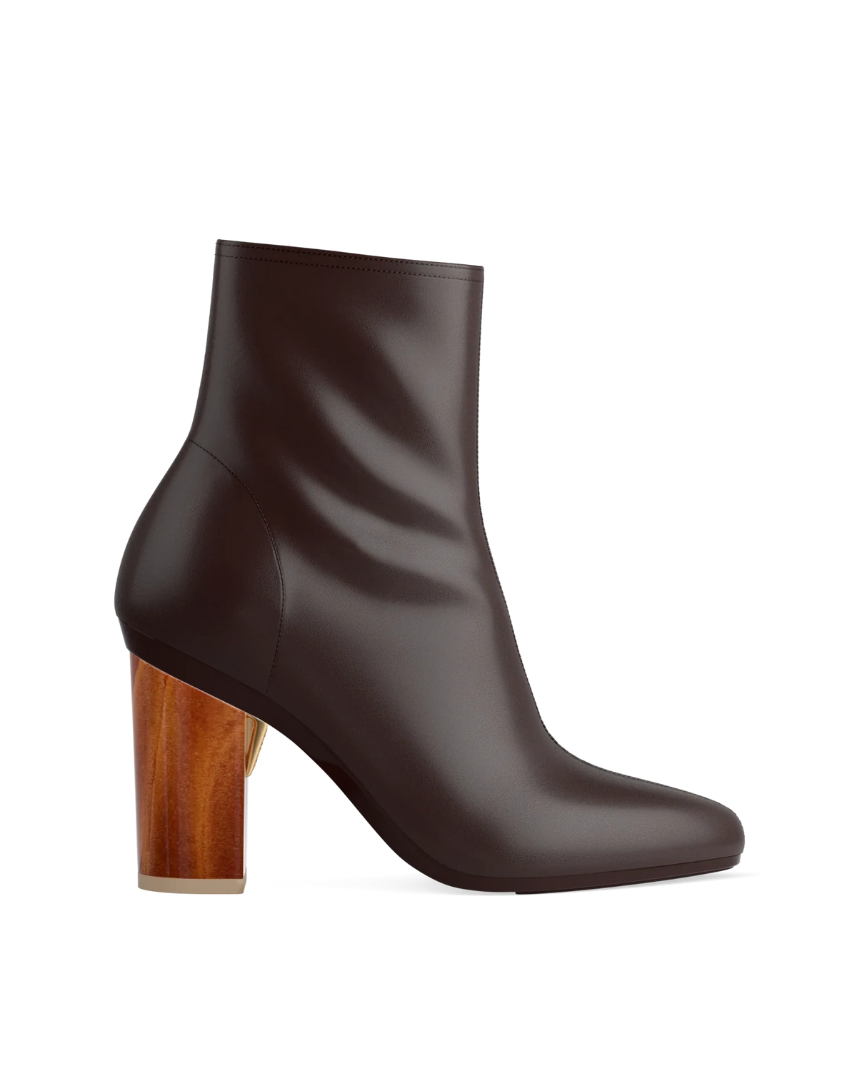 Block Heel Kit 4 Wood shown on the Amy Bootie Chocolate Stretch Leather upper. Pashion convertible heels go from heel to flat and are customizable with interchangeable heel kits.