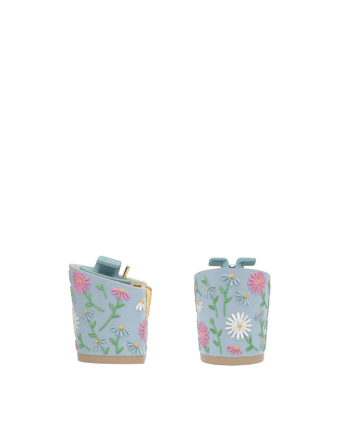 Block Heel Kit 3 Baby Blue Daisy Embroidery, back view. Pashion convertible heels go from heel to flat and are customizable with interchangeable heel kits.