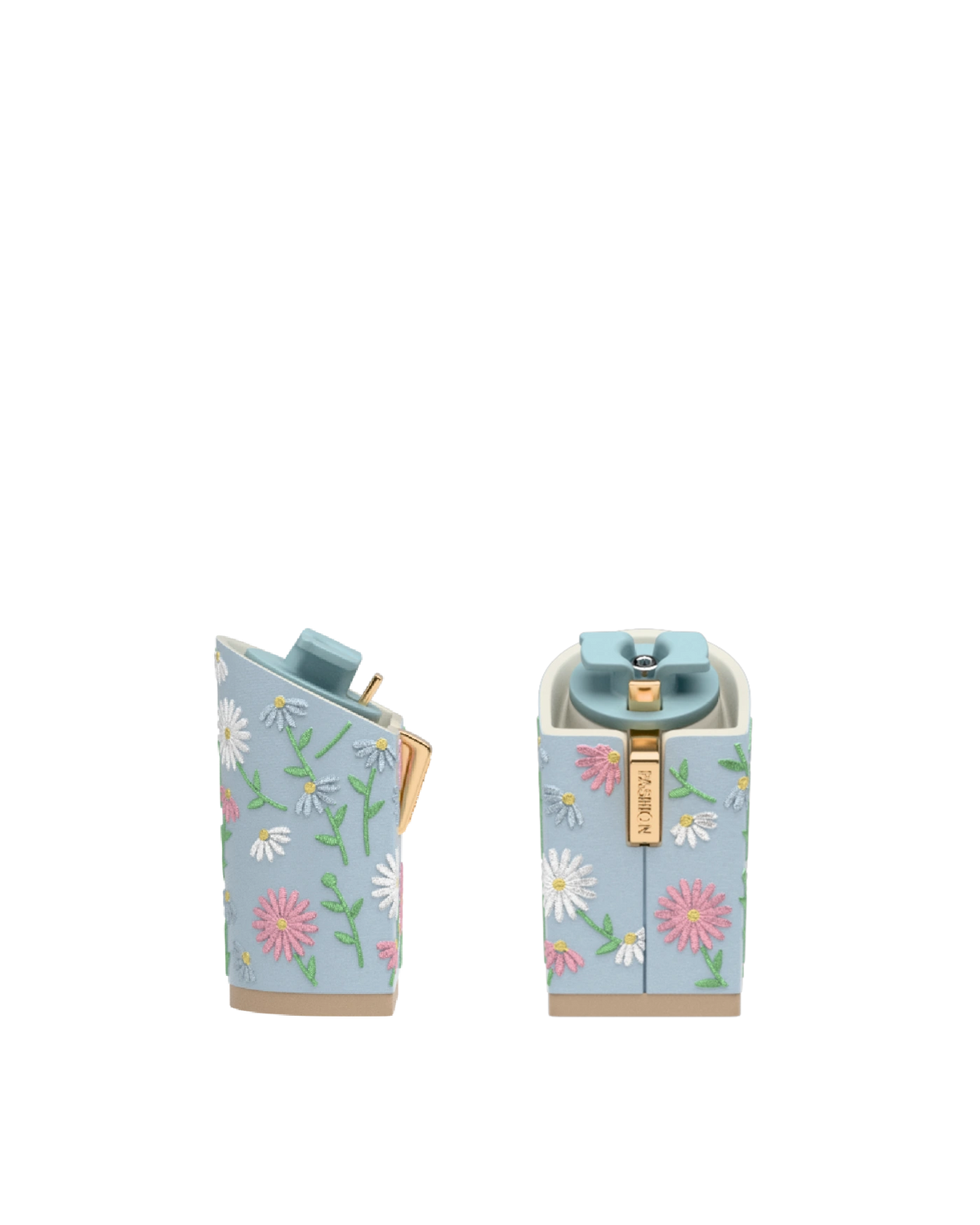 Block Heel Kit 4 Baby Blue Daisy Embroidery, 4-inch interchangeable block heel, side view. Pashion convertible heels go from heel to flat and are customizable with interchangeable heel kits.
