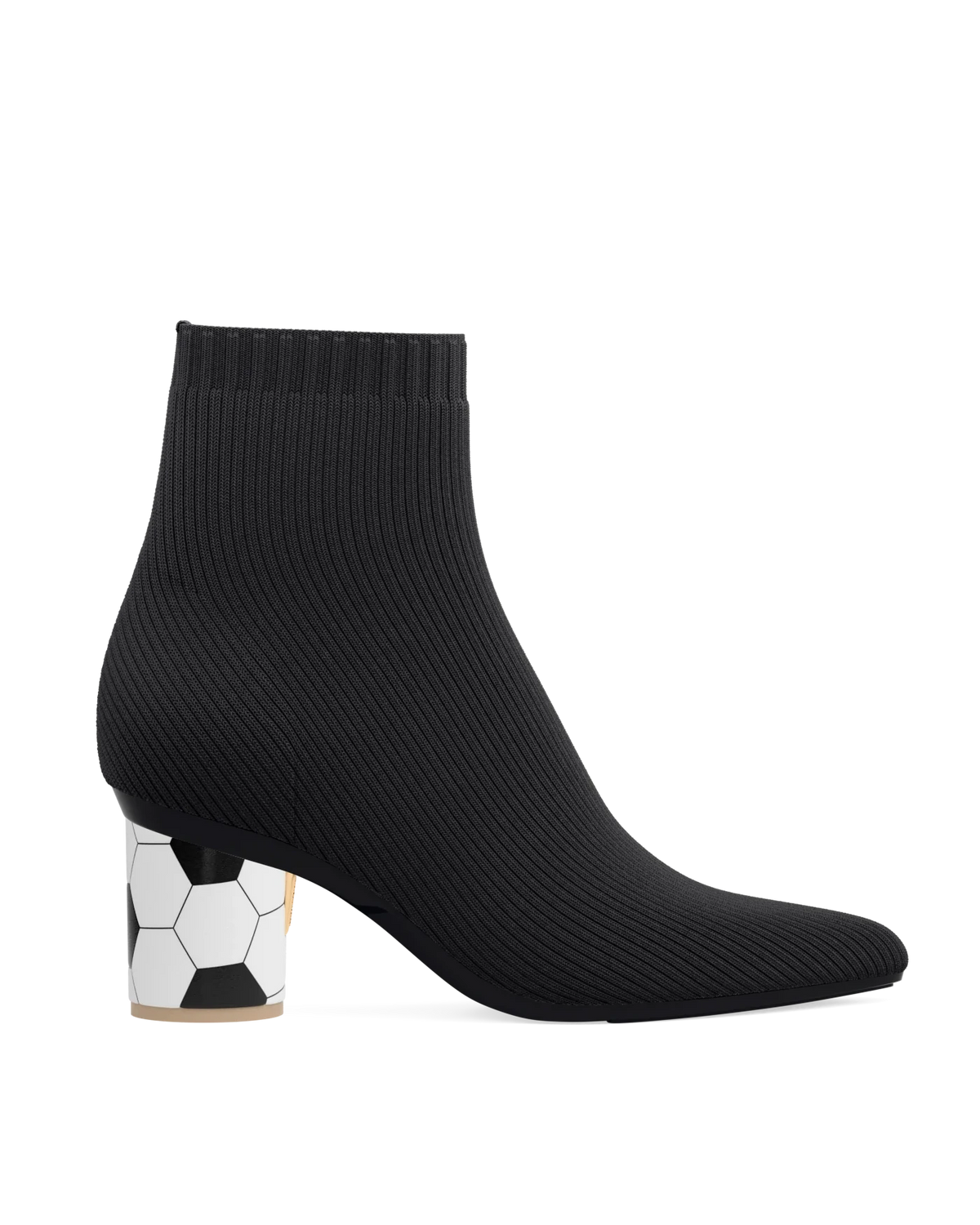 Cylinder Block Heel Kit 3 Soccer Ball shown on the Bootie Coal Knit upper. Pashion convertible heels go from heel to flat and are customizable with interchangeable heel kits.