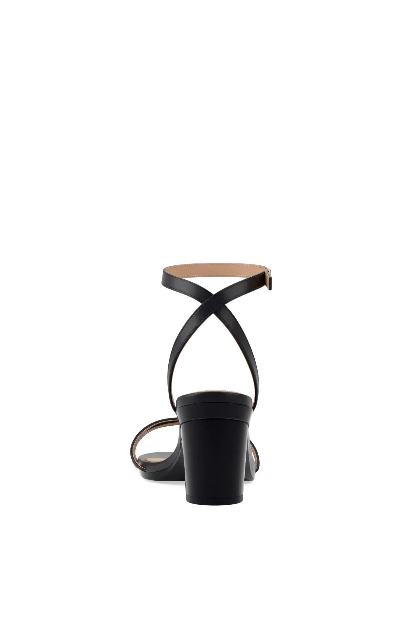 black open toe strappy sandal with open heel with a block heel back view