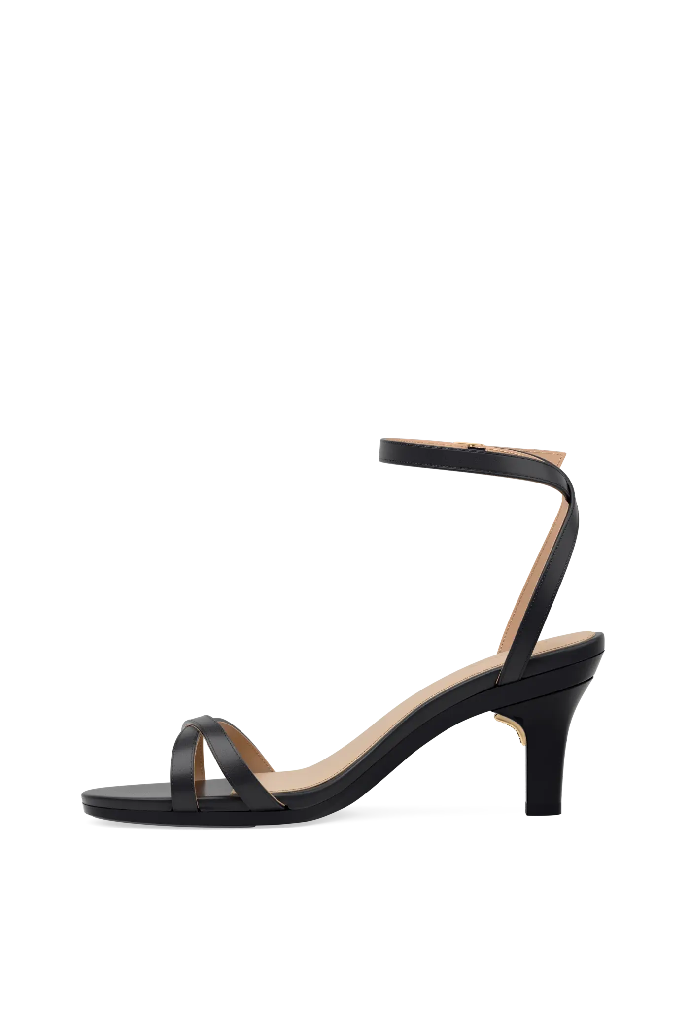 black open toe strappy sandal with open heel kitten heel side angle