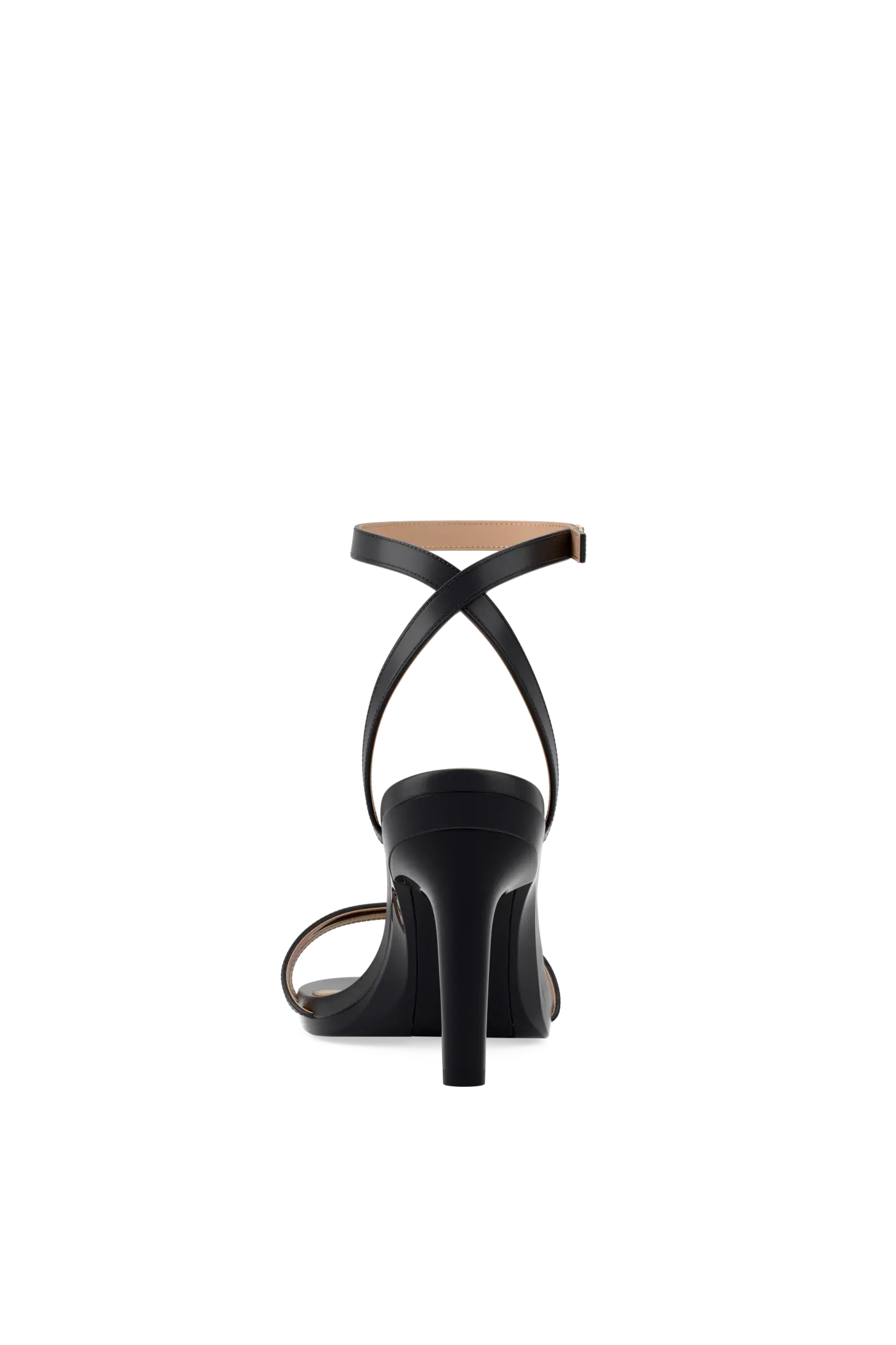 black open toe strappy sandal with open heel high heel back view
