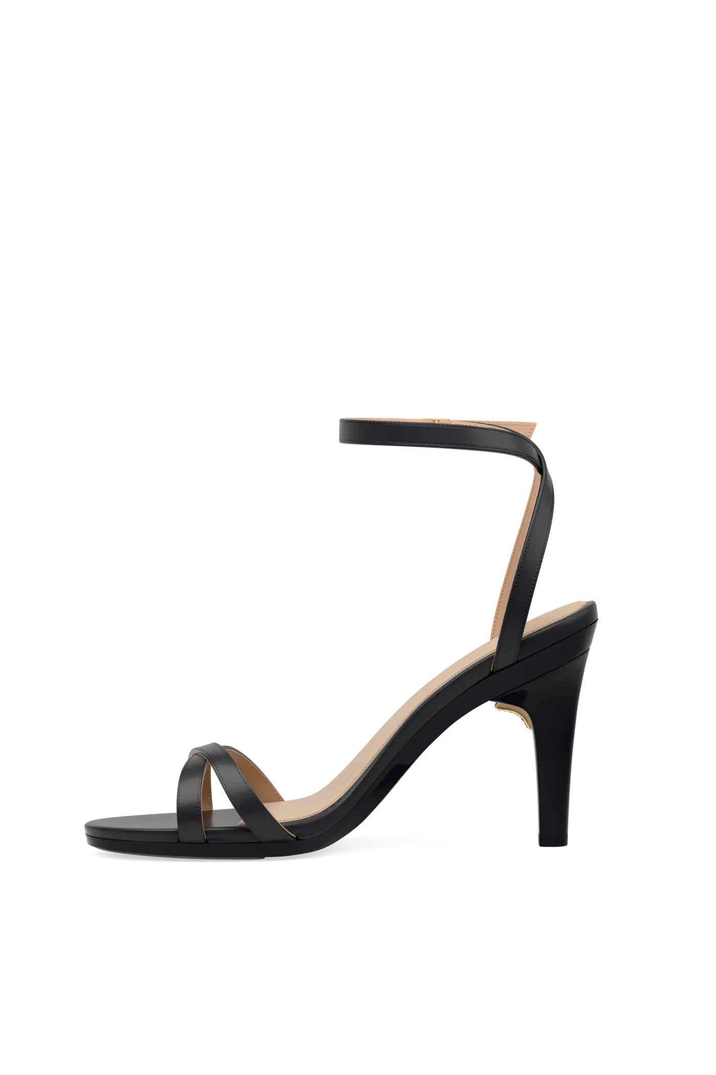 black open toe strappy sandal with open heel high heel side angle