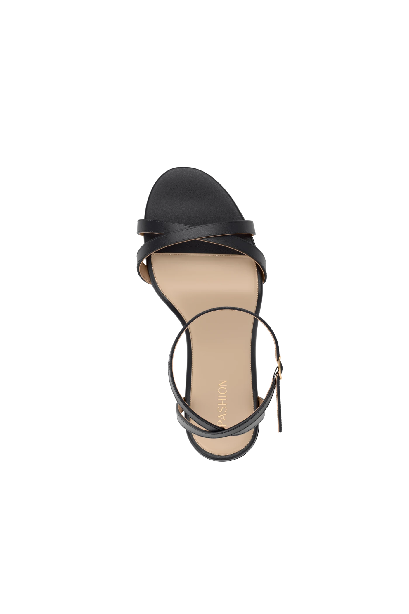 top view of black open toe strappy sandal with open heel flat that can convert to heel