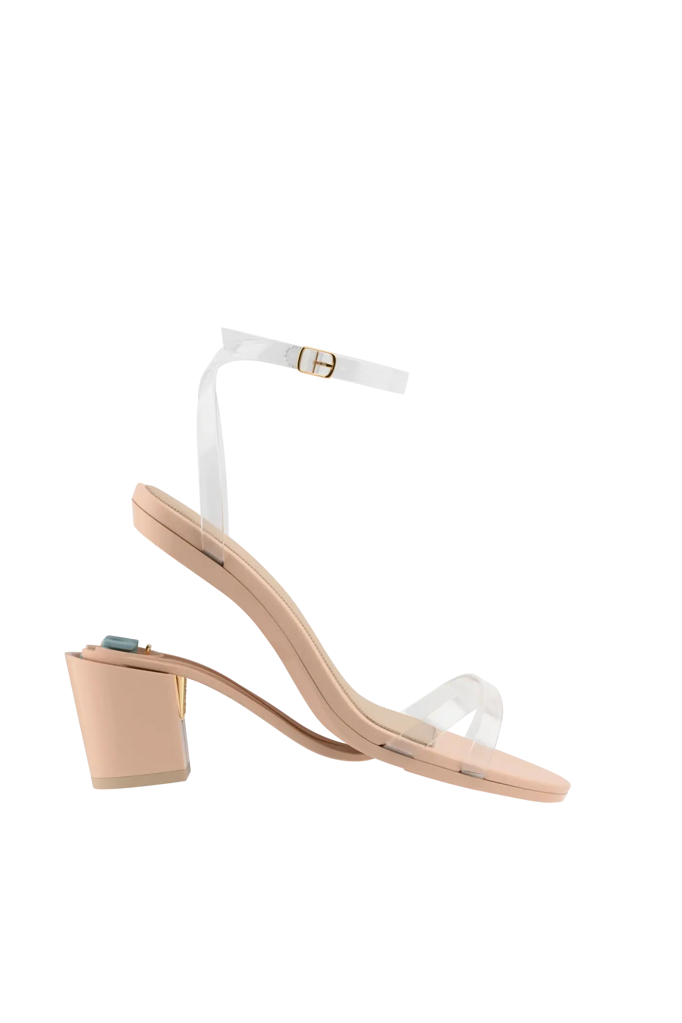 convertible transaprent strappy sandal with block heel and a beige footbed