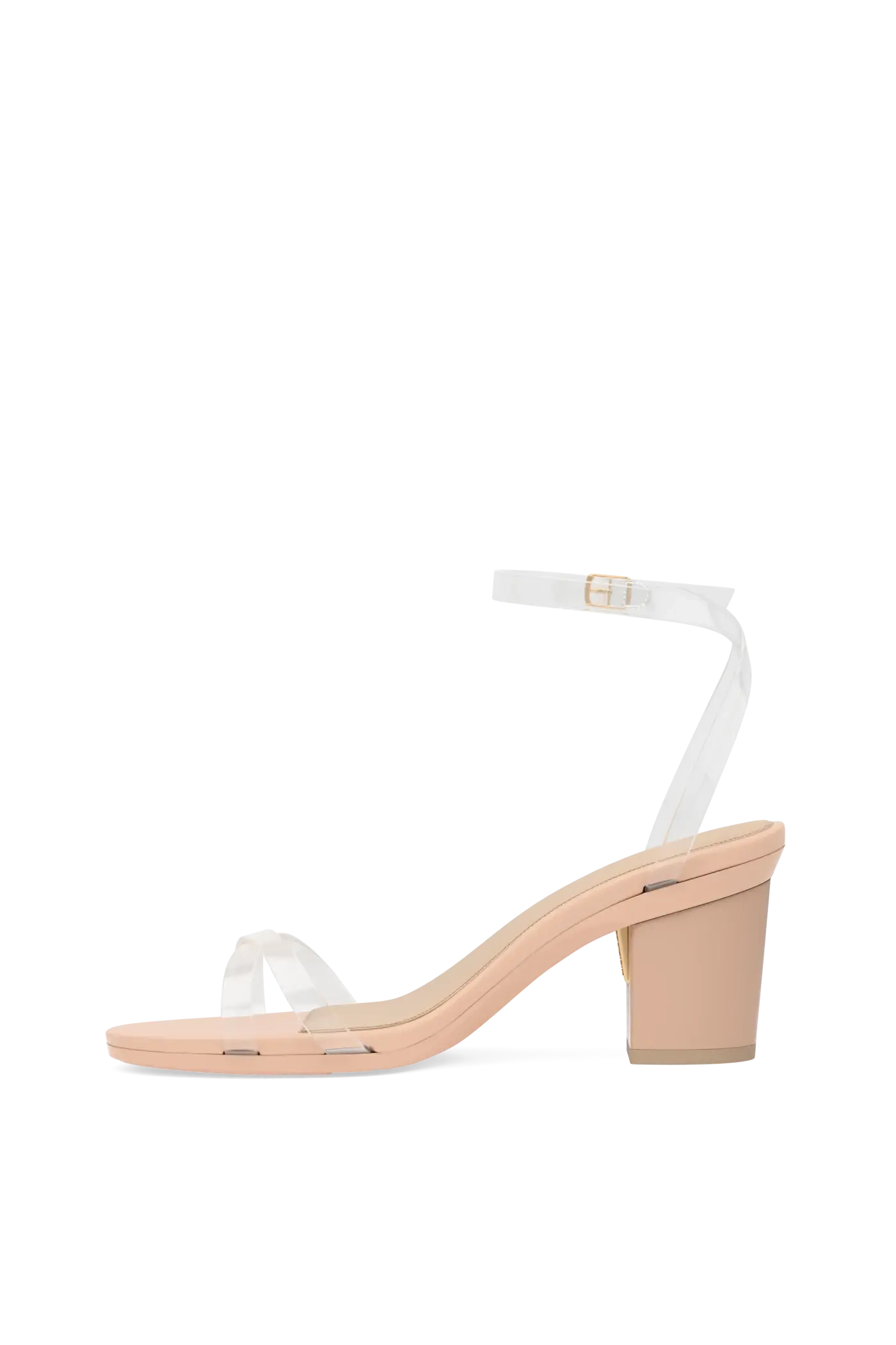 transaprent strappy sandal with block heel and a beige footbed