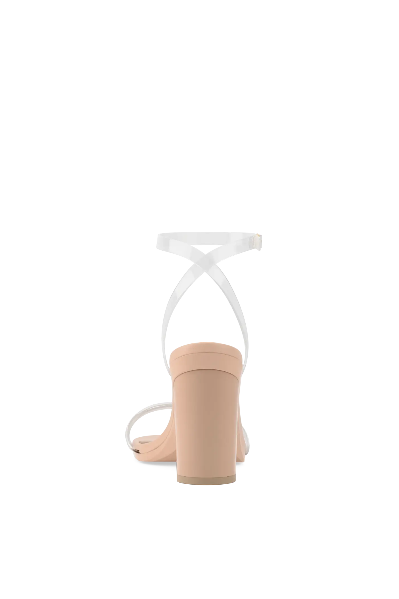 back view of transaprent strappy sandal with block heel and a beige footbed