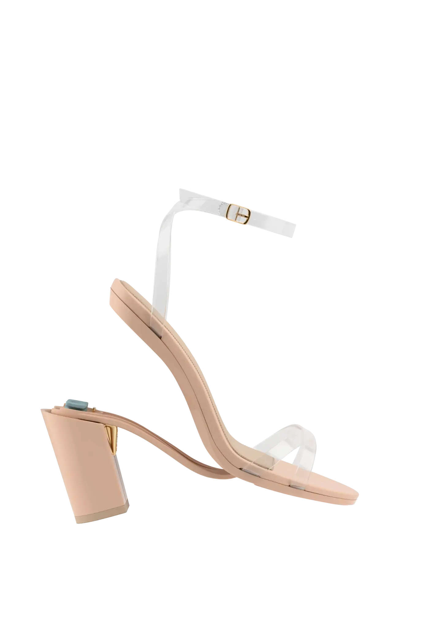 convertible transaprent strappy sandal with block heel and a beige footbed