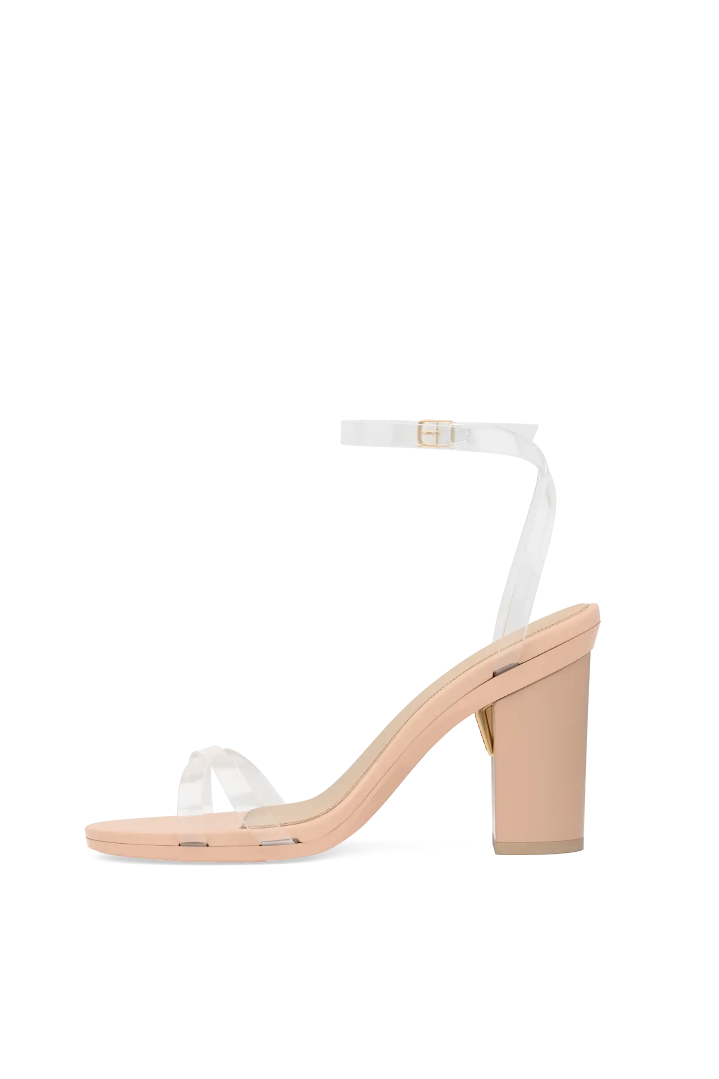 transaprent strappy sandal with block heel and a beige footbed