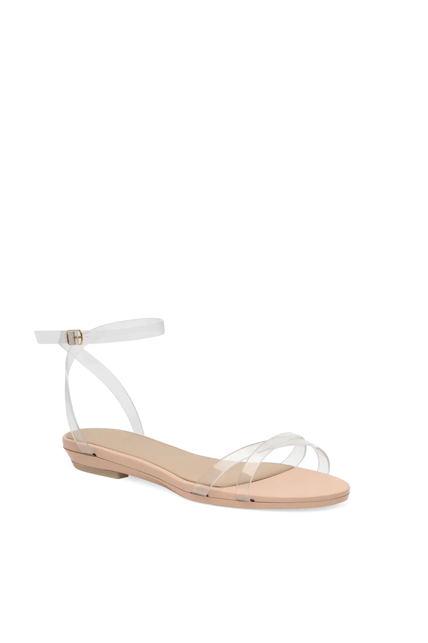 transaprent strappy sandal with block heel and a beige footbed