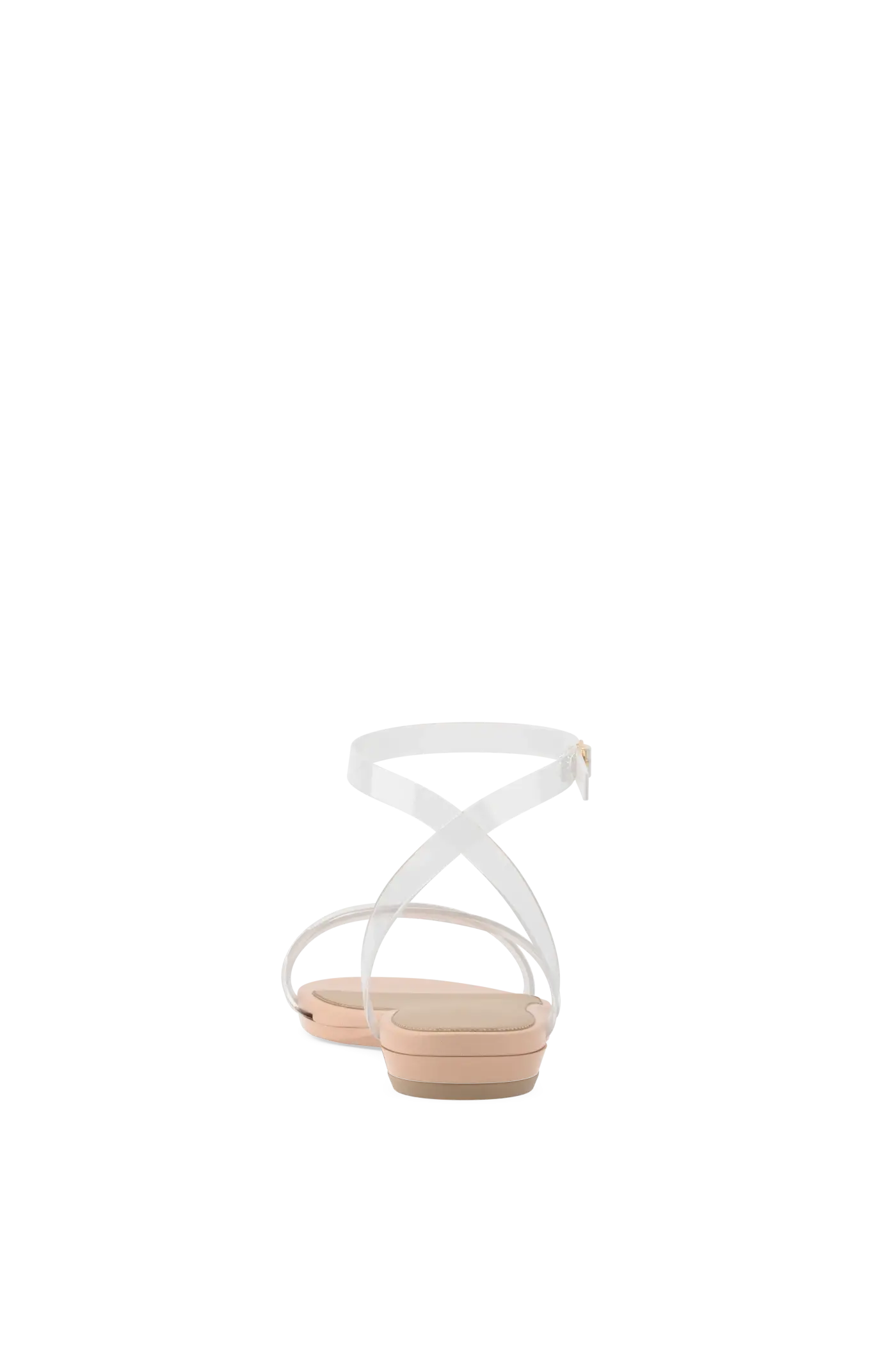 a clear strap, open toe strappy sandal with open heel with block heel with beige footbed flat