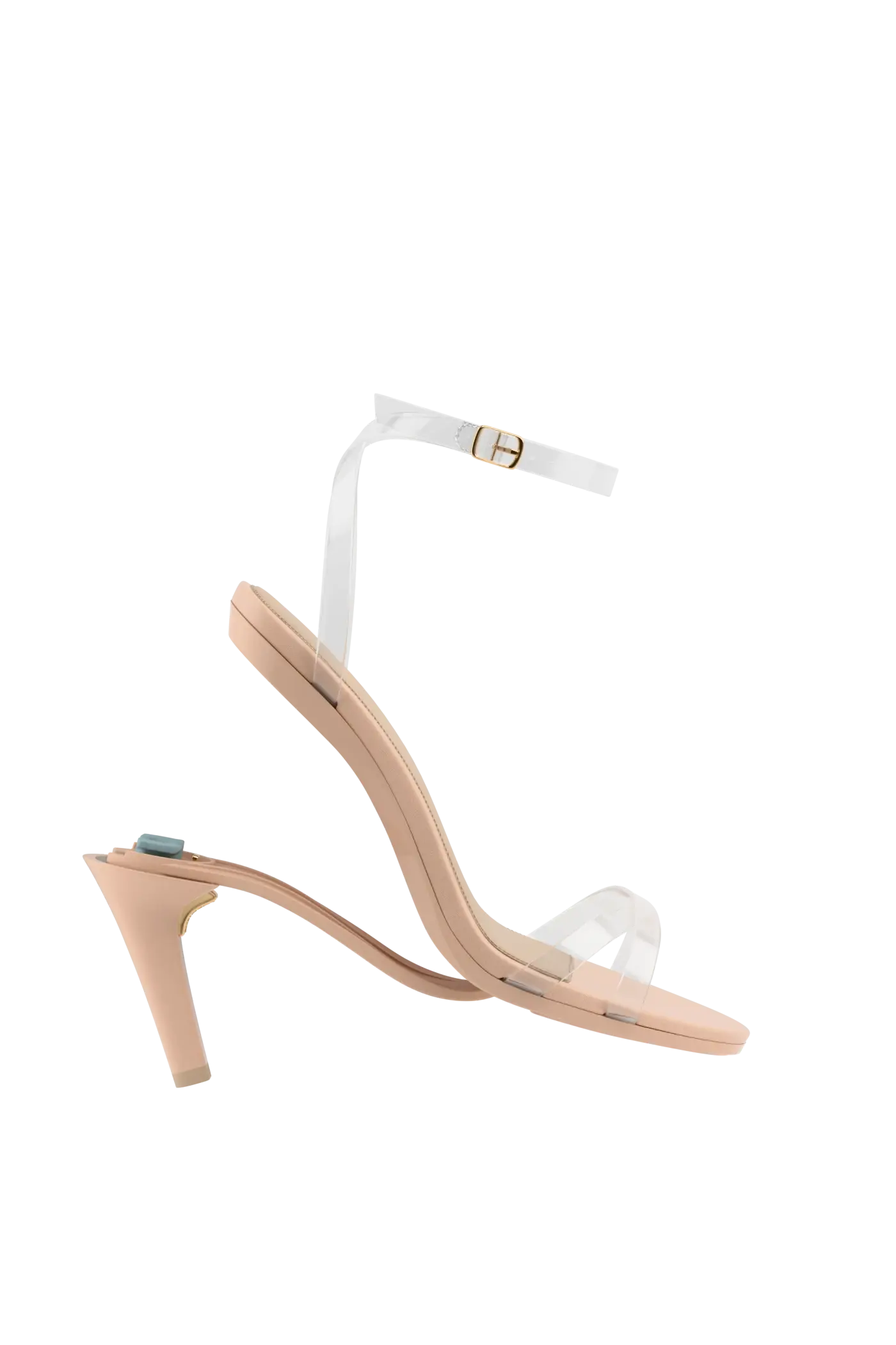side view of convertible transaprent strappy high heel stiletto sandal with a beige footbed