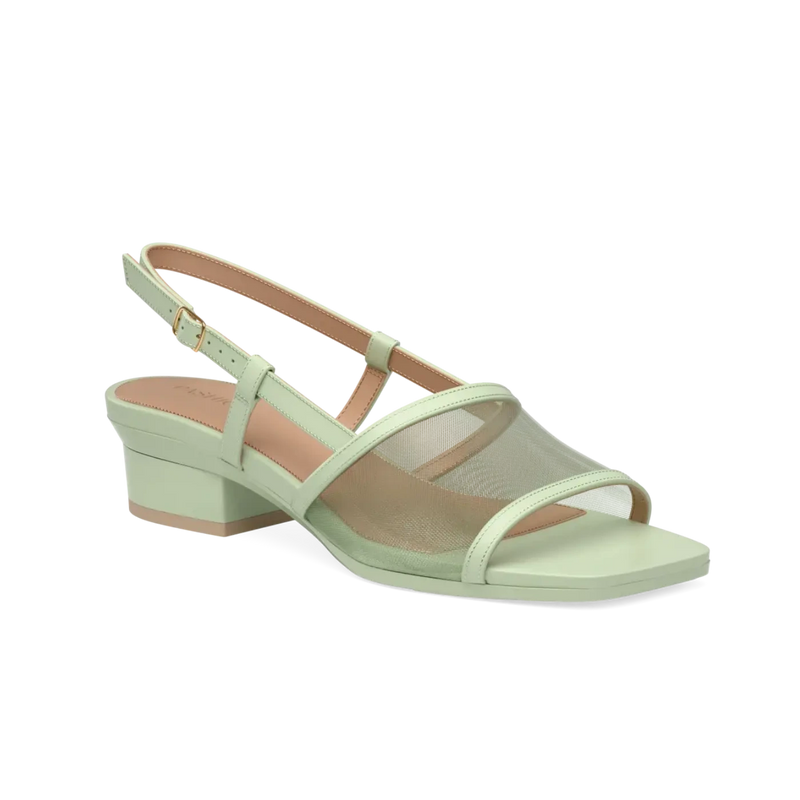 Light green mesh mule sandal with a small block heel