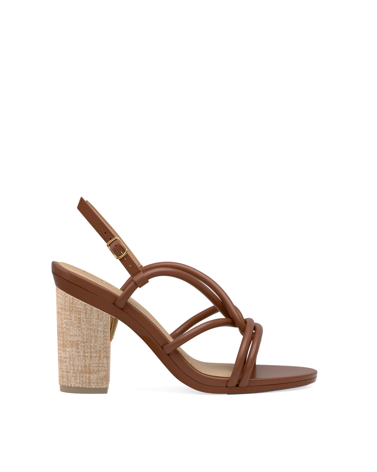 4 Inch Block Heel Kit Raffia shown on the Capri Walnut Vegan Leather upper. Pashion convertible heels go from heel to flat and are customizable with interchangeable heel kits.