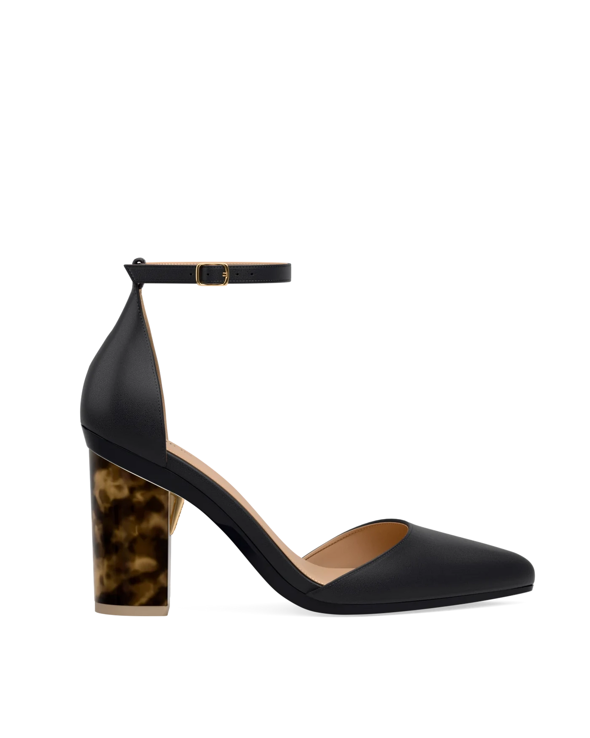 Block Heel Kit 4 Tortoise shown on the D'Orsay Coal Leather upper. Pashion convertible heels go from heel to flat and are customizable with interchangeable heel kits.