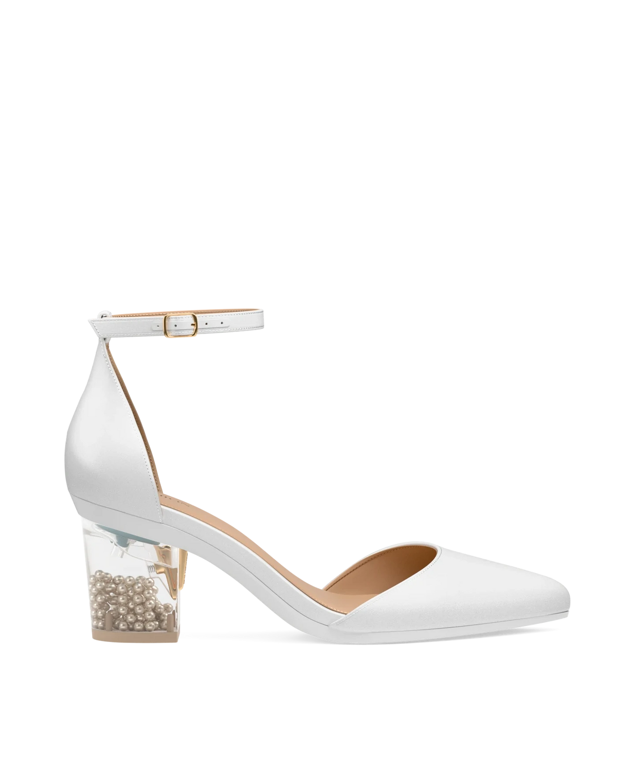 Block Heel Kit 3 Ivory Pearl Transparent shown on the D'Orsay White Satin upper. Pashion convertible heels go from heel to flat and are customizable with interchangeable heel kits.