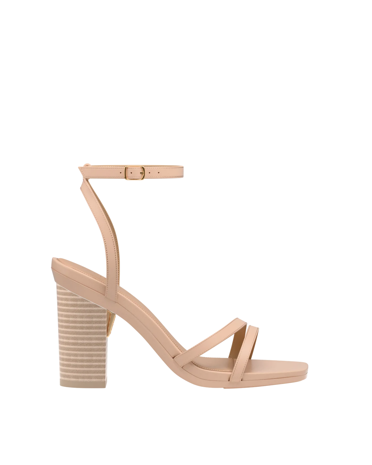 Block Heel Kit 4 Sand Wood shown on the Emmy Sand Leather upper. Pashion convertible heels go from heel to flat and are customizable with interchangeable heel kits.