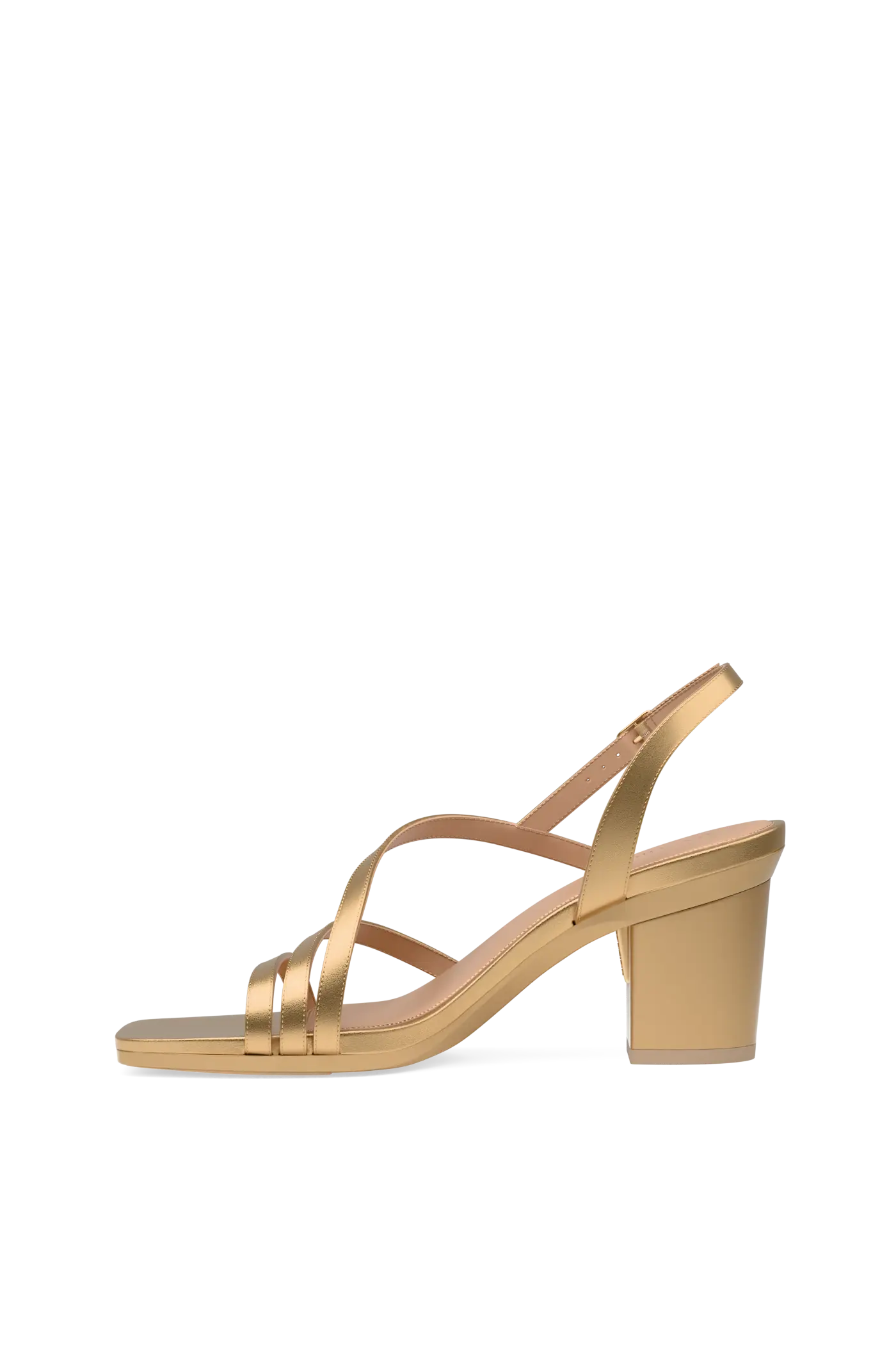 a convertible matte gold strappy open toe block heel sandal