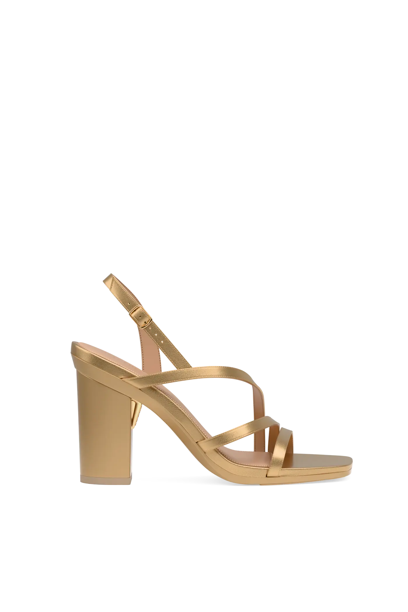 a matte gold strappy open toe block heel sandal