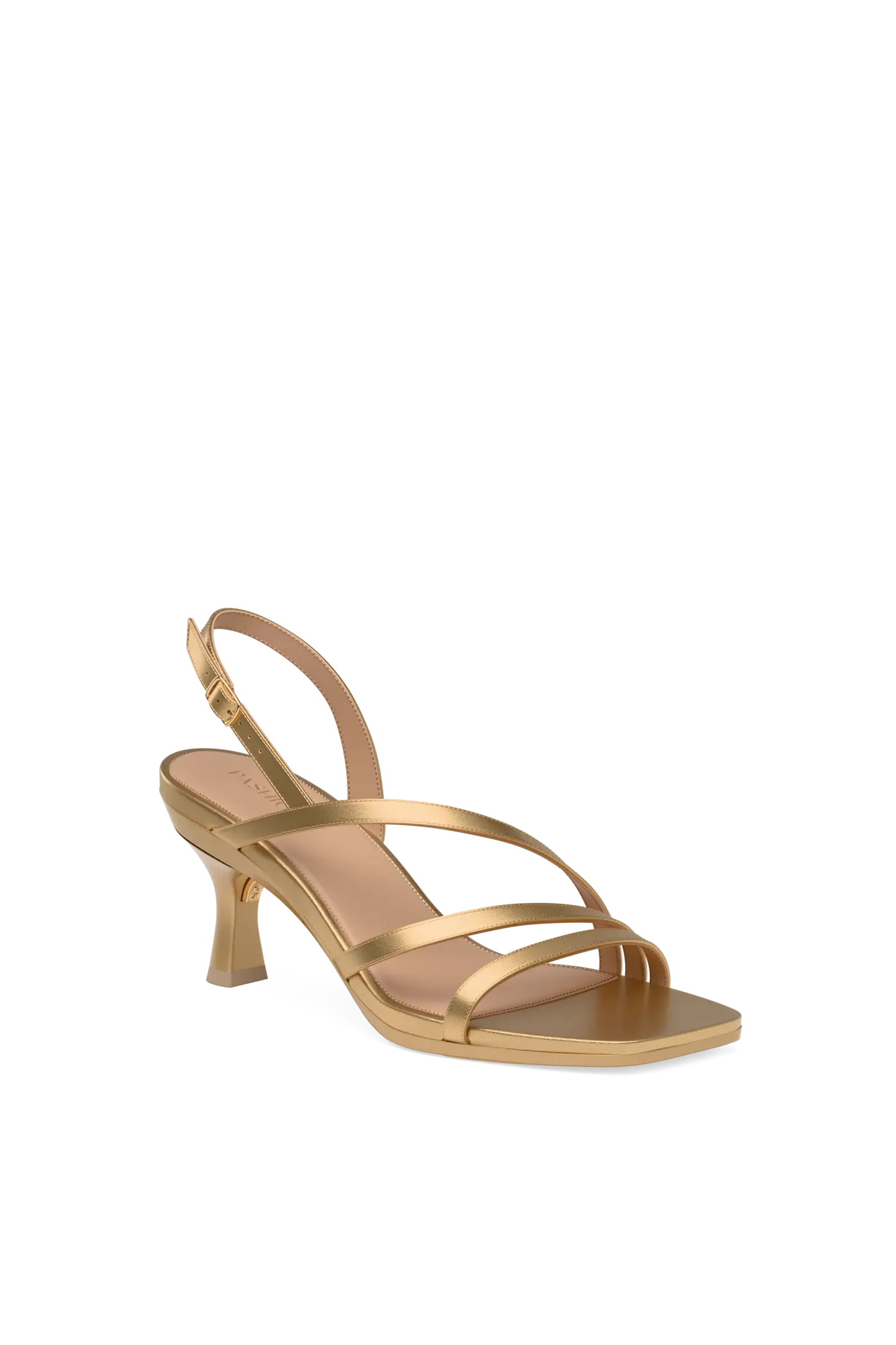 a matte gold strappy open toe flare stiletto kitten heel sandal
