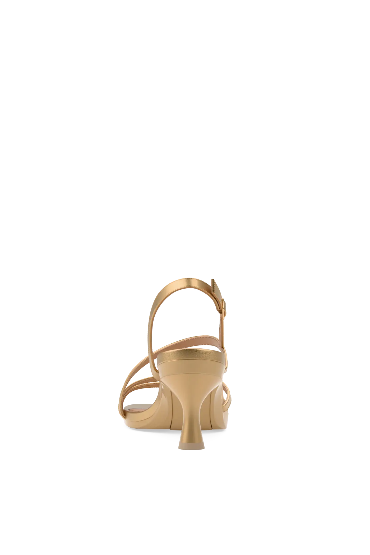 back view of a matte gold strappy open toe flare stiletto kitten heel sandal
