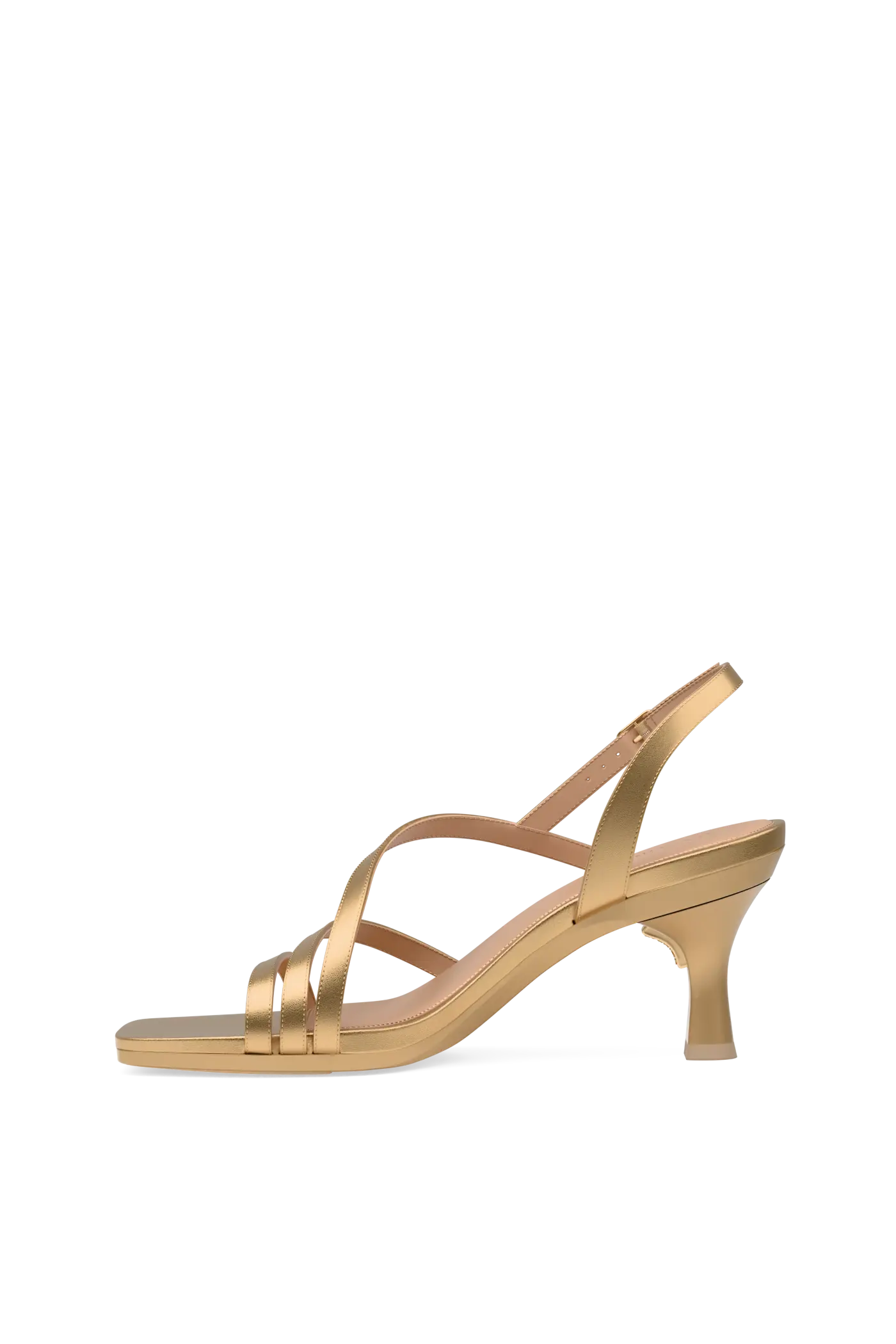 a matte gold strappy open toe flare stiletto kitten heel sandal