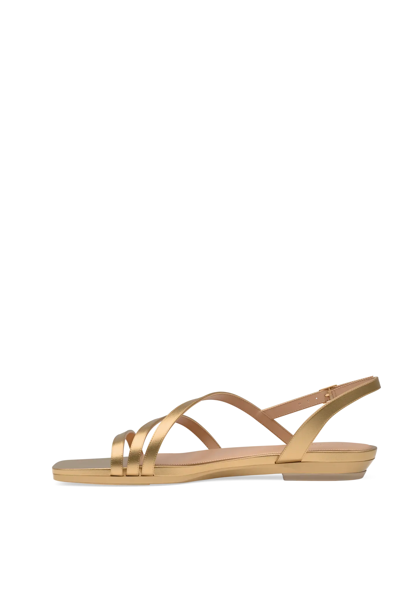 side view of a matte gold strappy open toe flat sandal