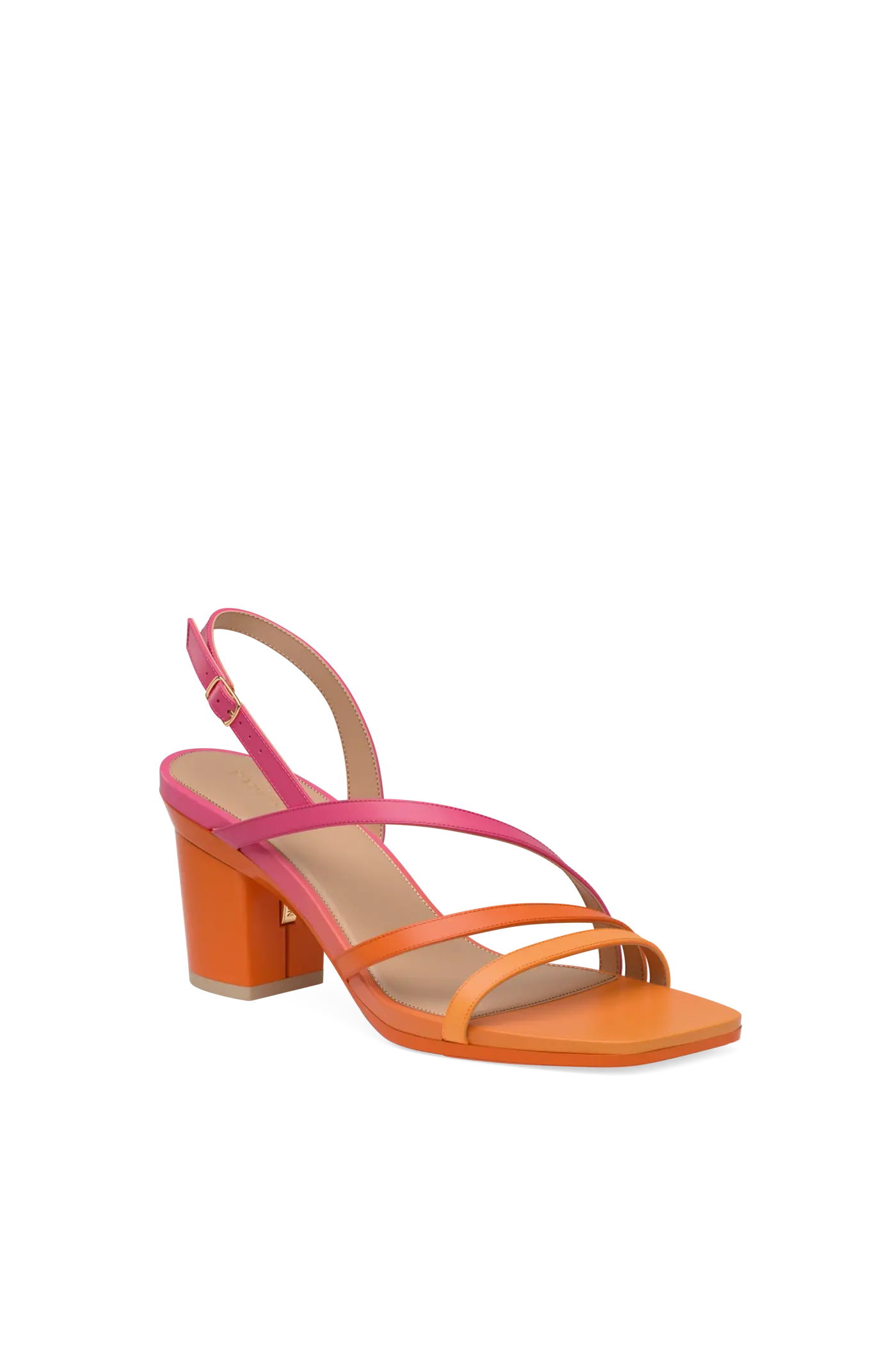 an orange and pink ombre, strappy, open toe, block heel sandal