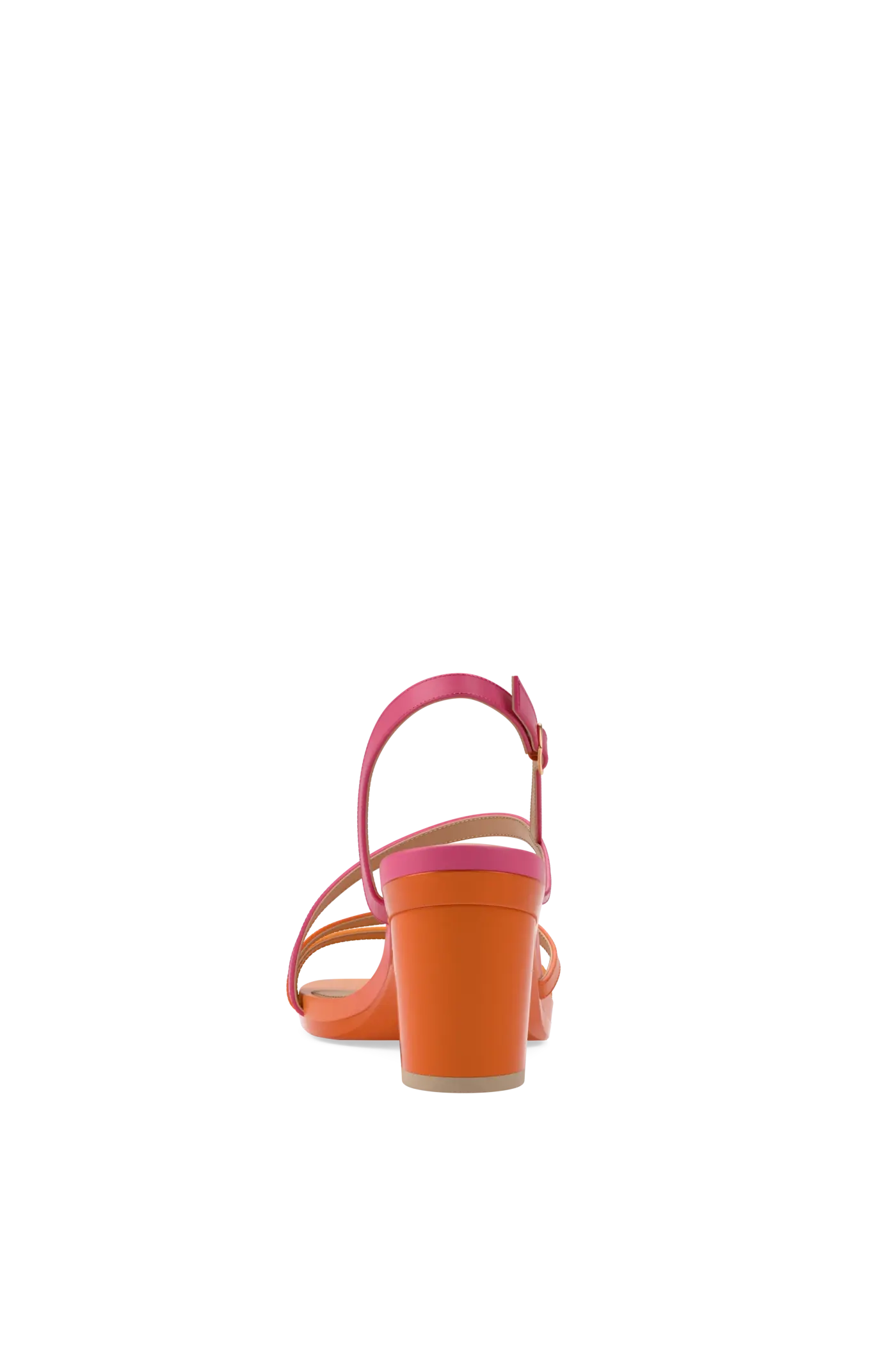 an orange and pink ombre, strappy, open toe, block heel sandal