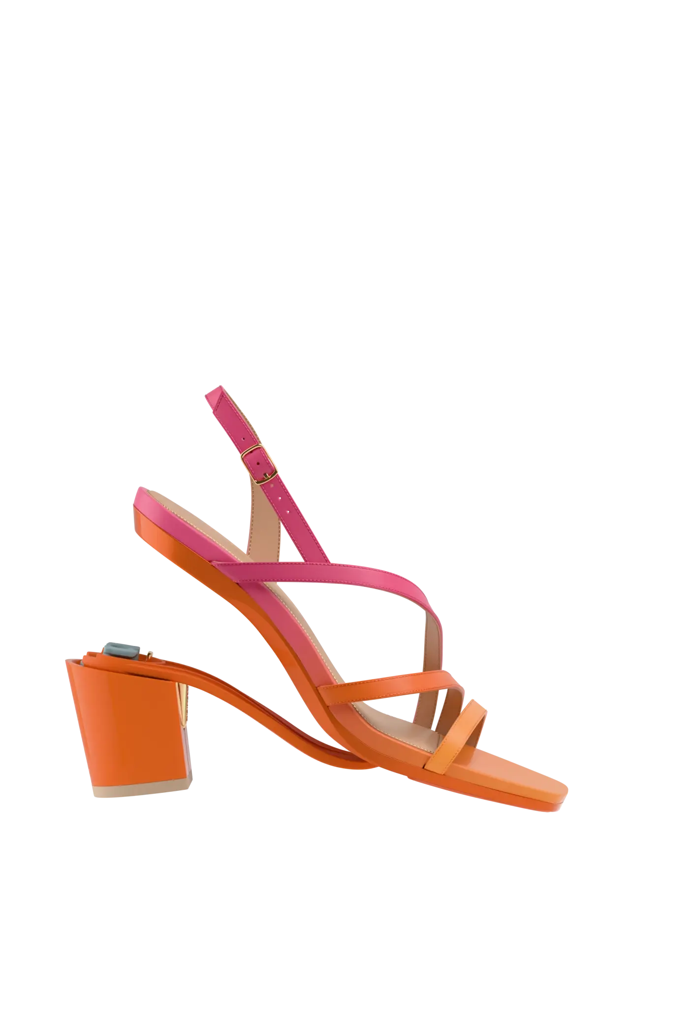 a convertible, orange and pink ombre, strappy, open toe, block heel sandal