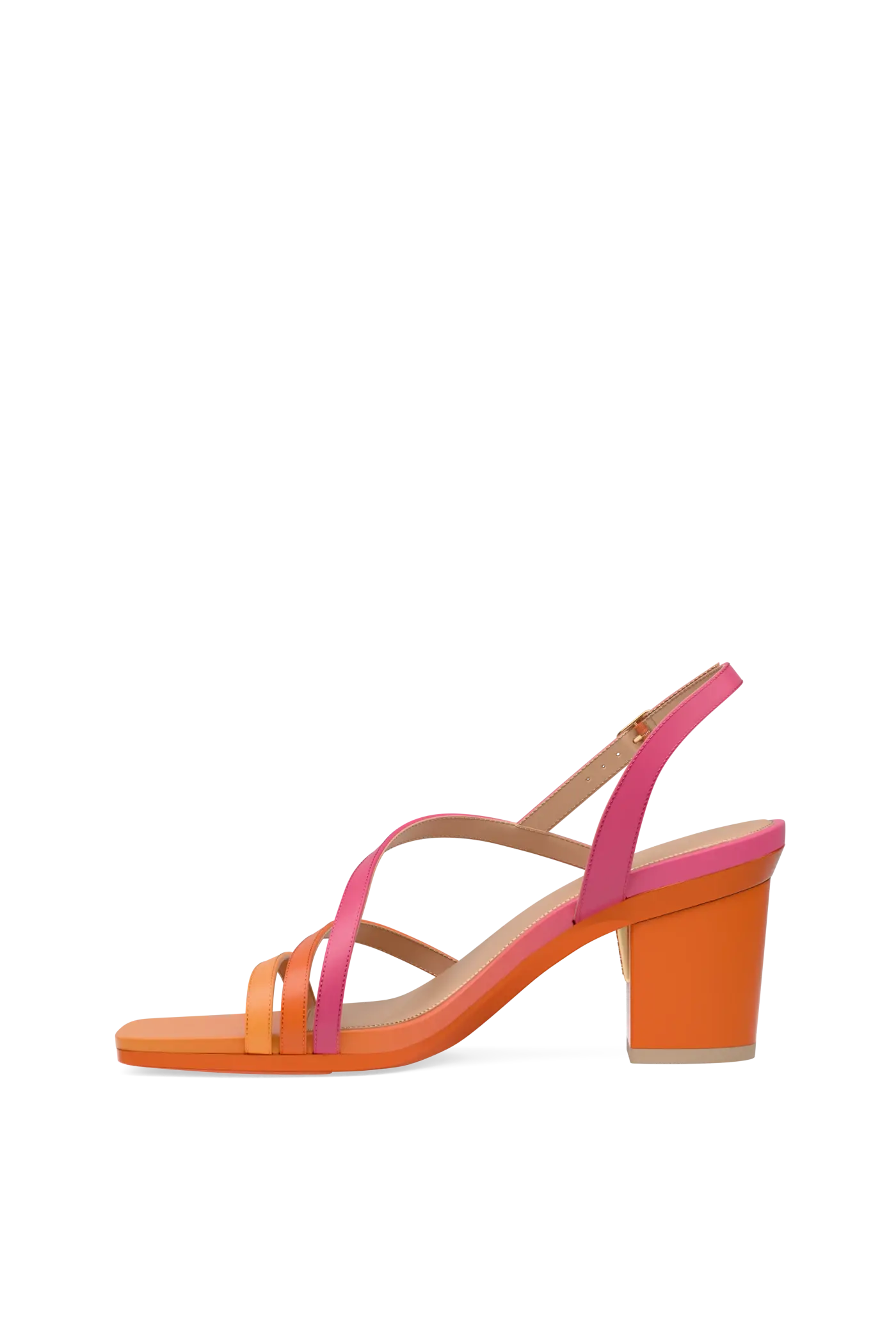 an orange and pink ombre, strappy, open toe, block heel sandal