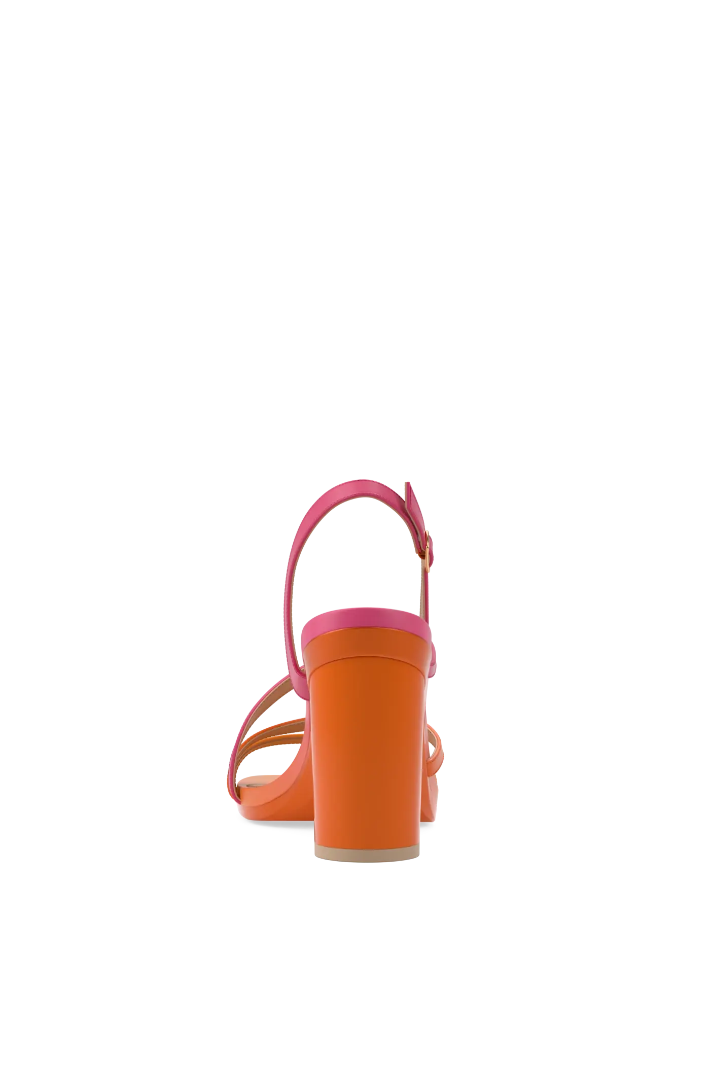 an orange and pink ombre, strappy, open toe, block heel sandal