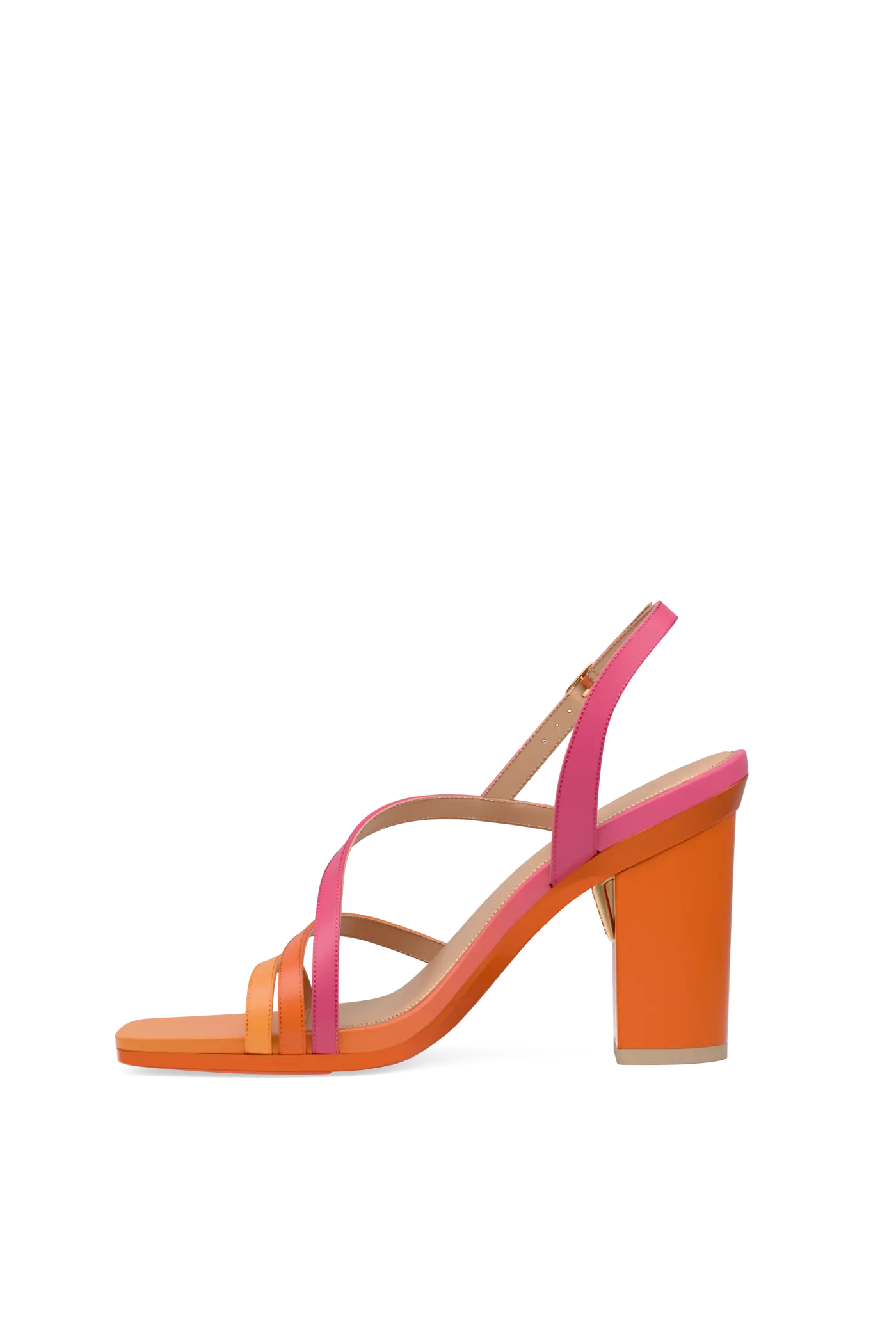 an orange and pink ombre, strappy, open toe, block heel sandal