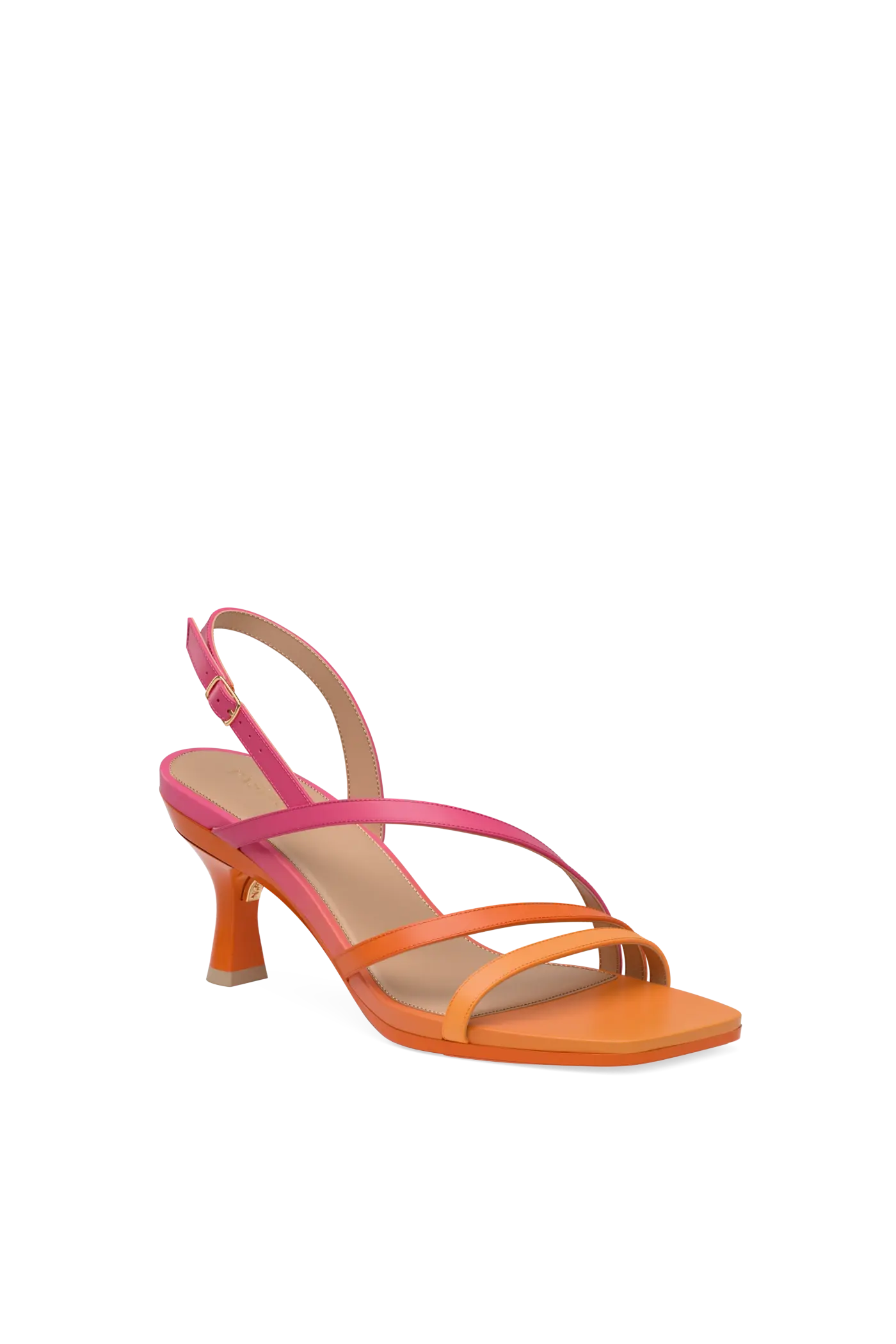 an orange and pink ombre, strappy, open toe, kitten stiletto heel sandal