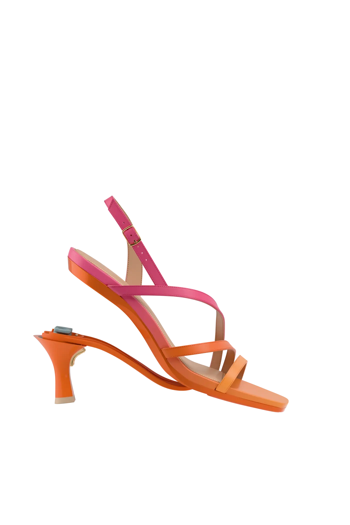 convertible, orange and pink ombre, strappy, open toe, kitten stiletto heel sandal