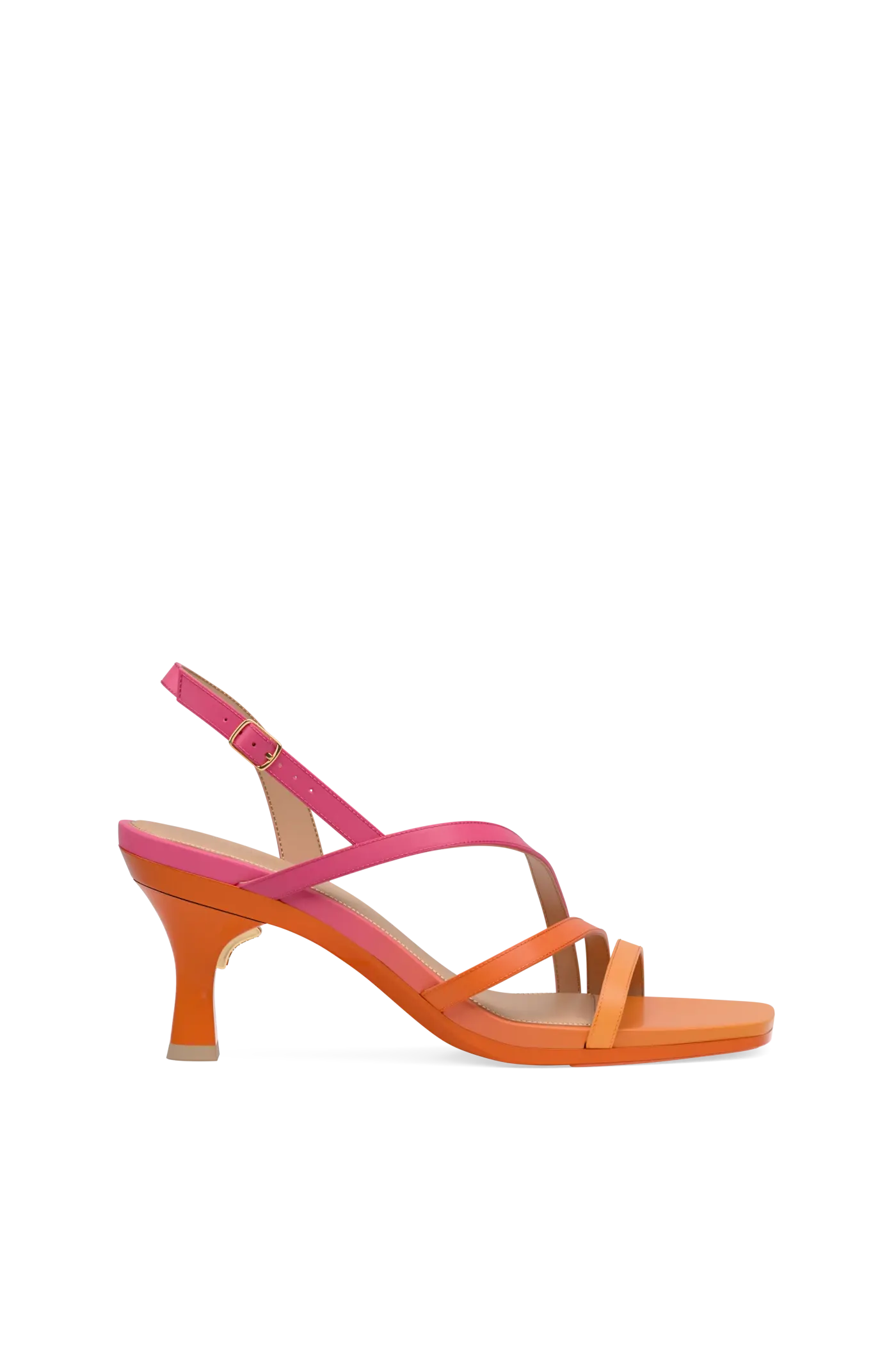 an orange and pink ombre strappy open toe, kitten stiletto heel sandal