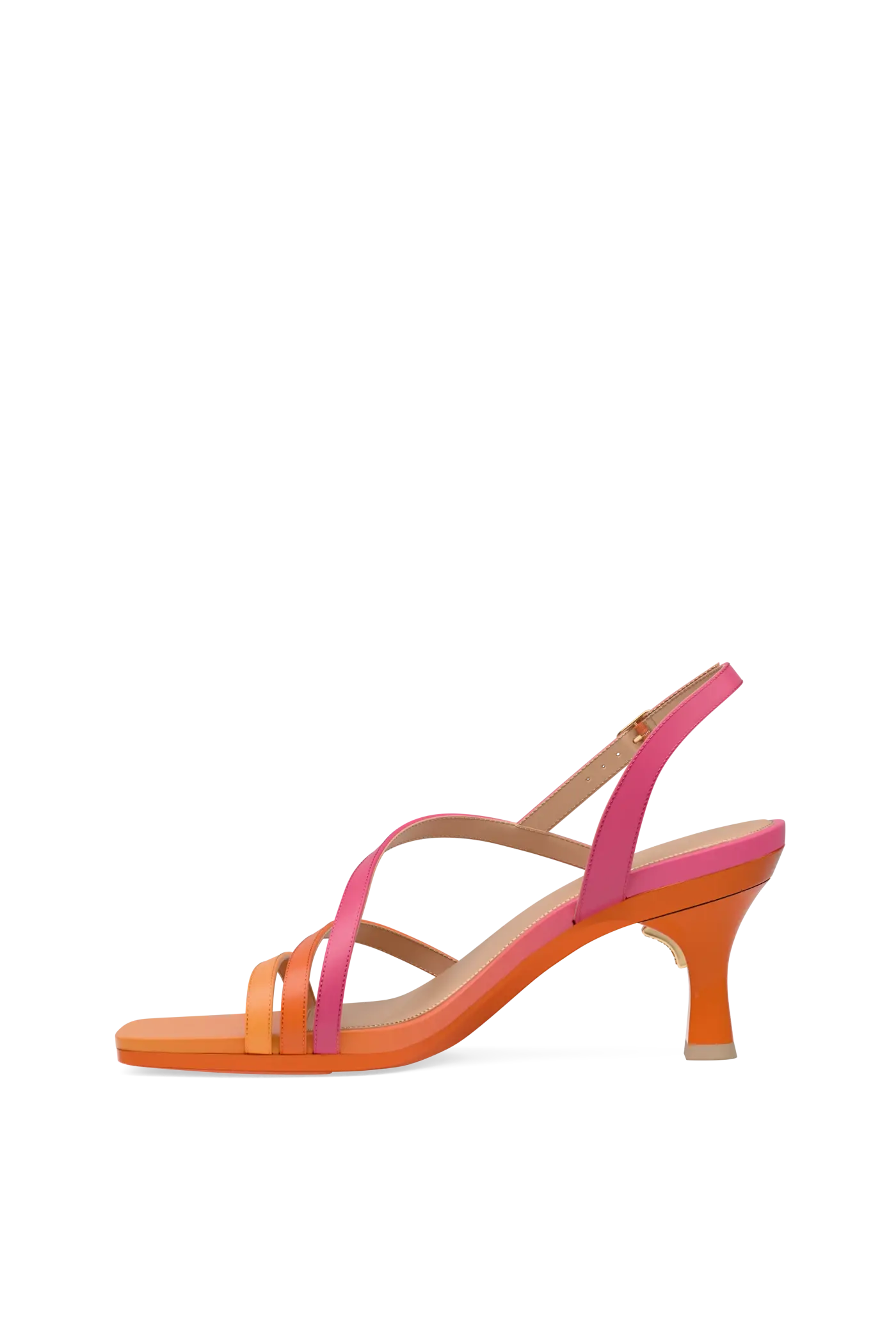 an orange and pink ombre strappy open toe, kitten stiletto heel sandal