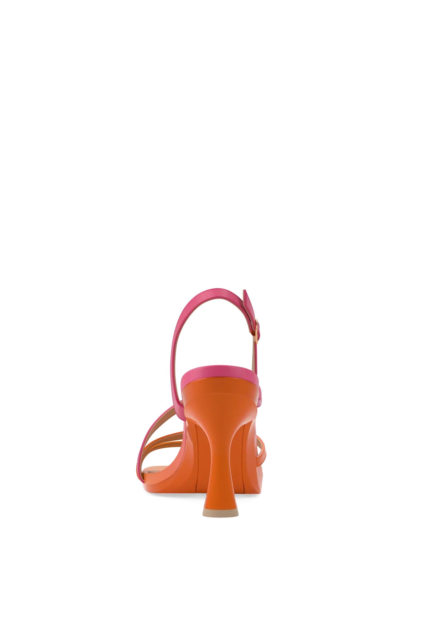 an orange and pink ombre, strappy, open toe, flare stiletto heel sandal