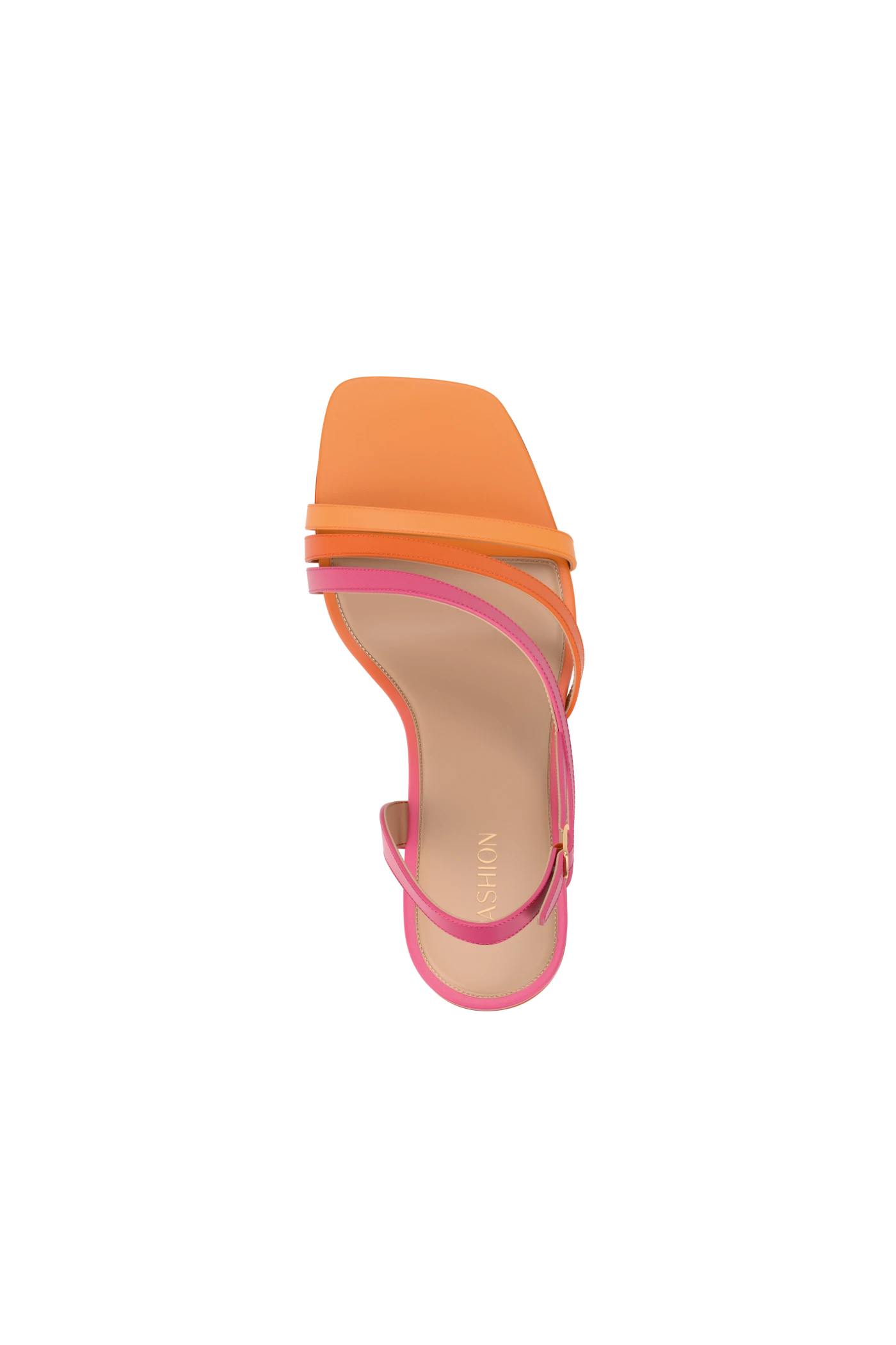 top view of an orange and pink ombre, strappy, open toe, flat sandal
