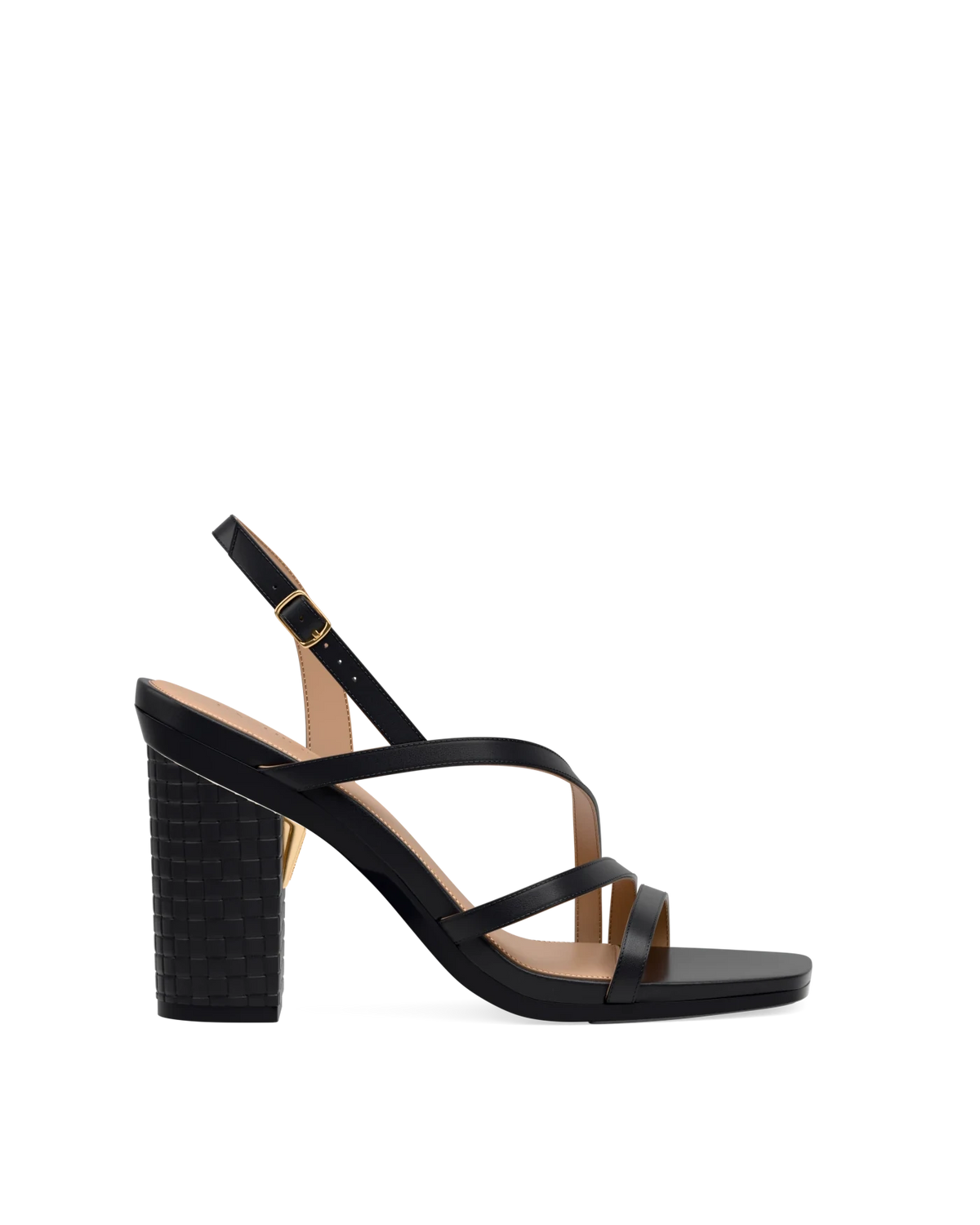 Block Heel Kit 4 Coal Woven Leather shown on the Gia Coal Leather upper. Pashion convertible heels go from heel to flat and are customizable with interchangeable heel kits.