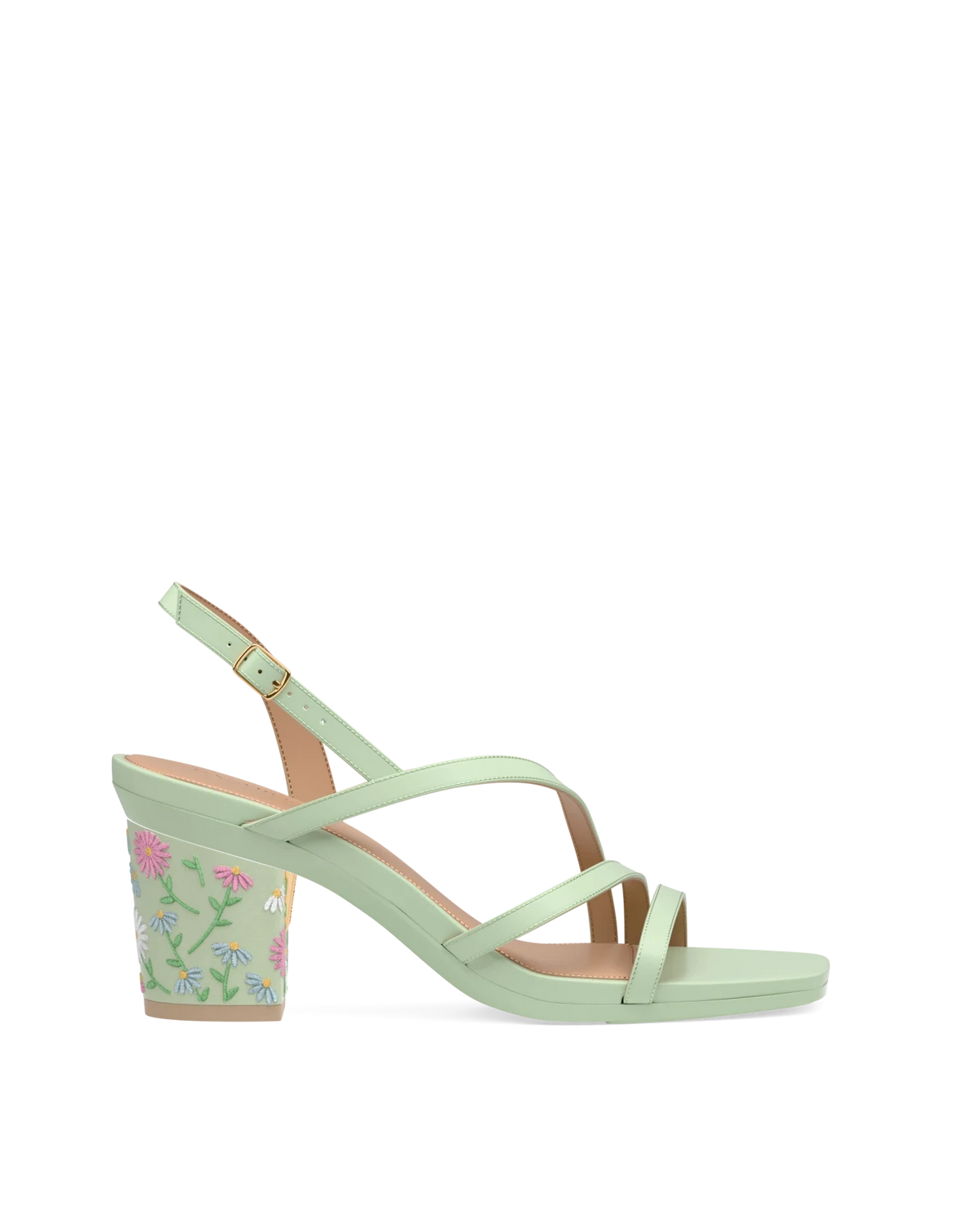 Block Heel Kit 3 Mint Daisy Embroidery shown on the Gia Mint Leather upper. Pashion convertible heels go from heel to flat and are customizable with interchangeable heel kits.