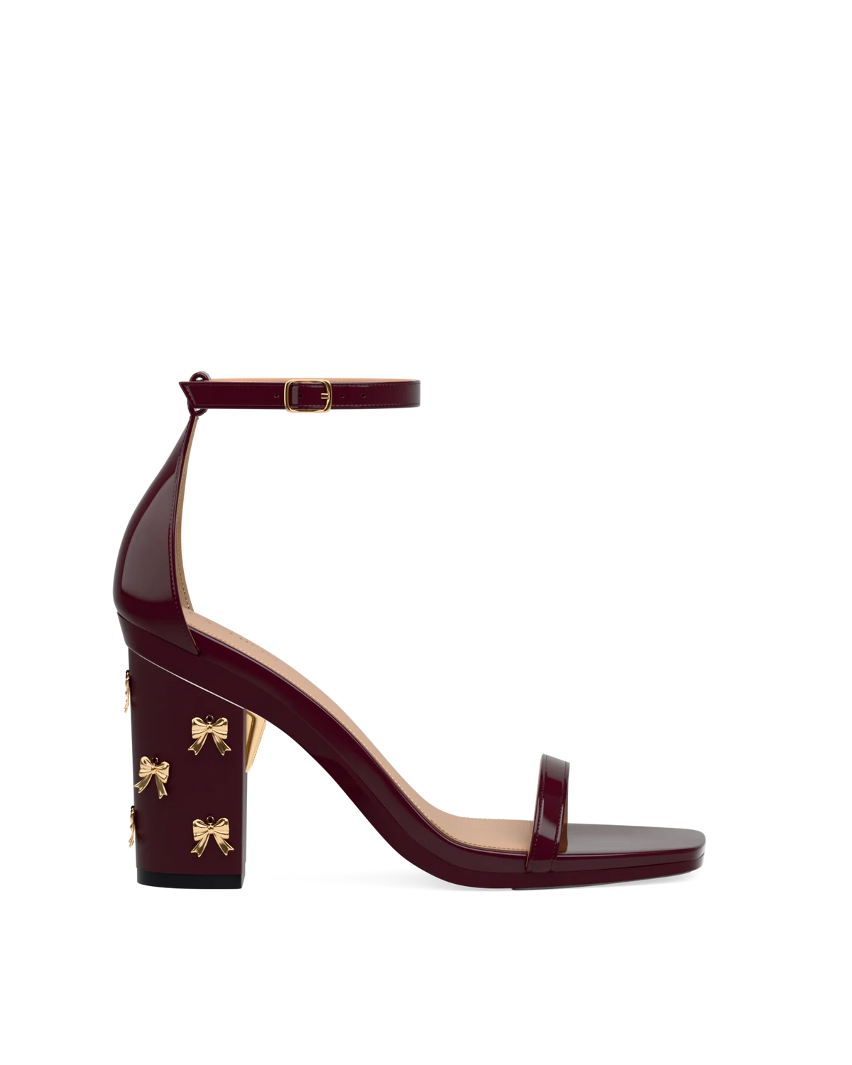 Block Heel Kit 4 Cherry Mocha Bow Charm shown on the Gigi Cherry Mocha Patent upper. Pashion convertible heels go from heel to flat and are customizable with interchangeable heel kits.