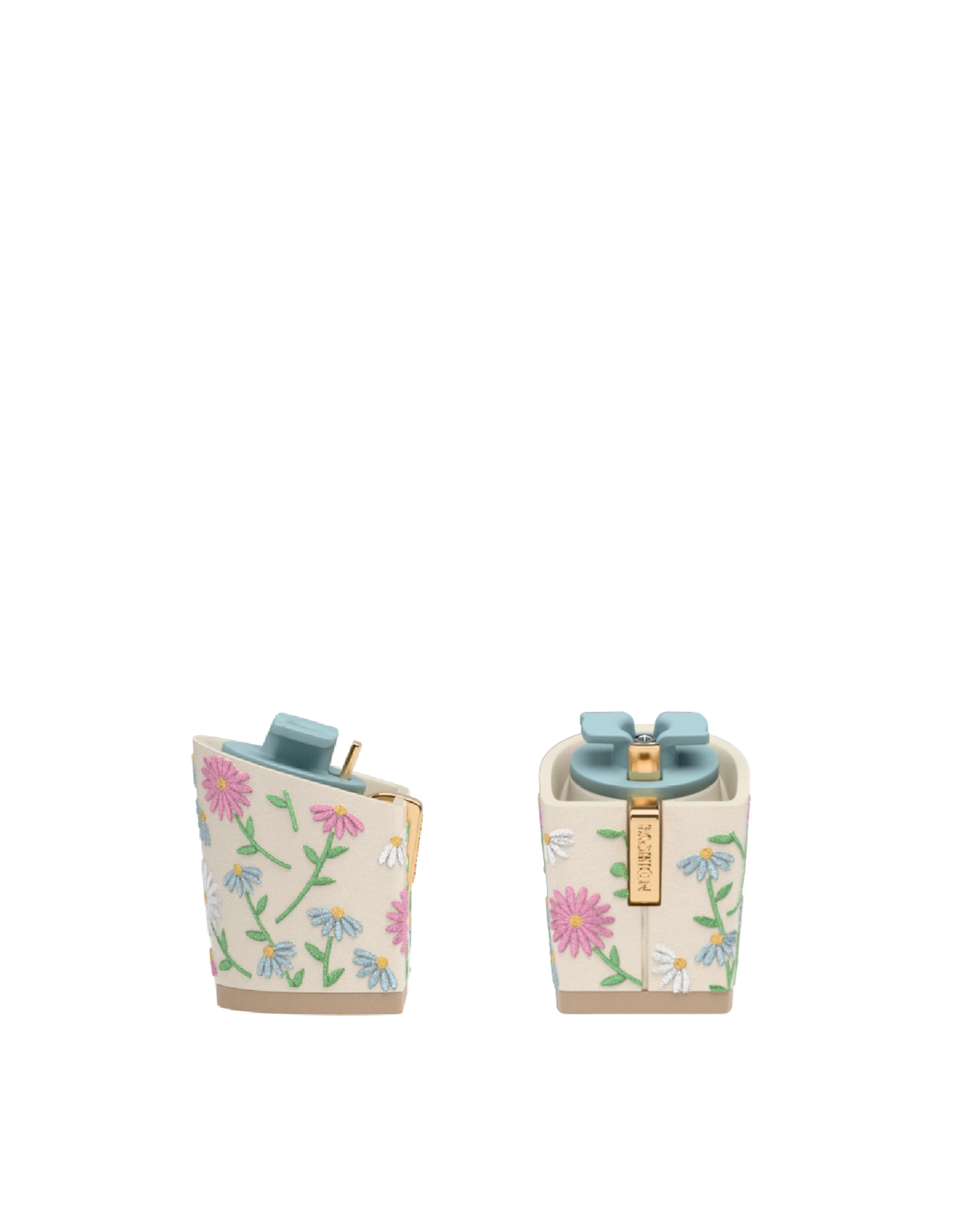 Block Heel Kit 3 Ivory Daisy Embroidery, 3-inch interchangeable block heel, side view. Pashion convertible heels go from heel to flat and are customizable with interchangeable heel kits.
