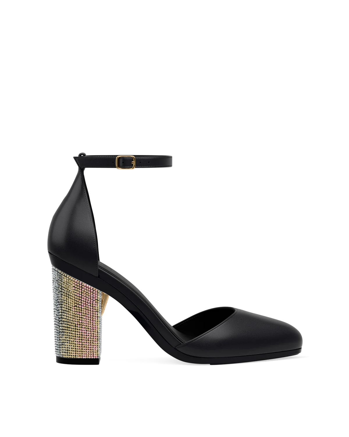Block Heel Kit 4 Coal Iridescent Rhinestone shown on the Margot Coal Nappa Leather upper. Pashion convertible heels go from heel to flat and are customizable with interchangeable heel kits.