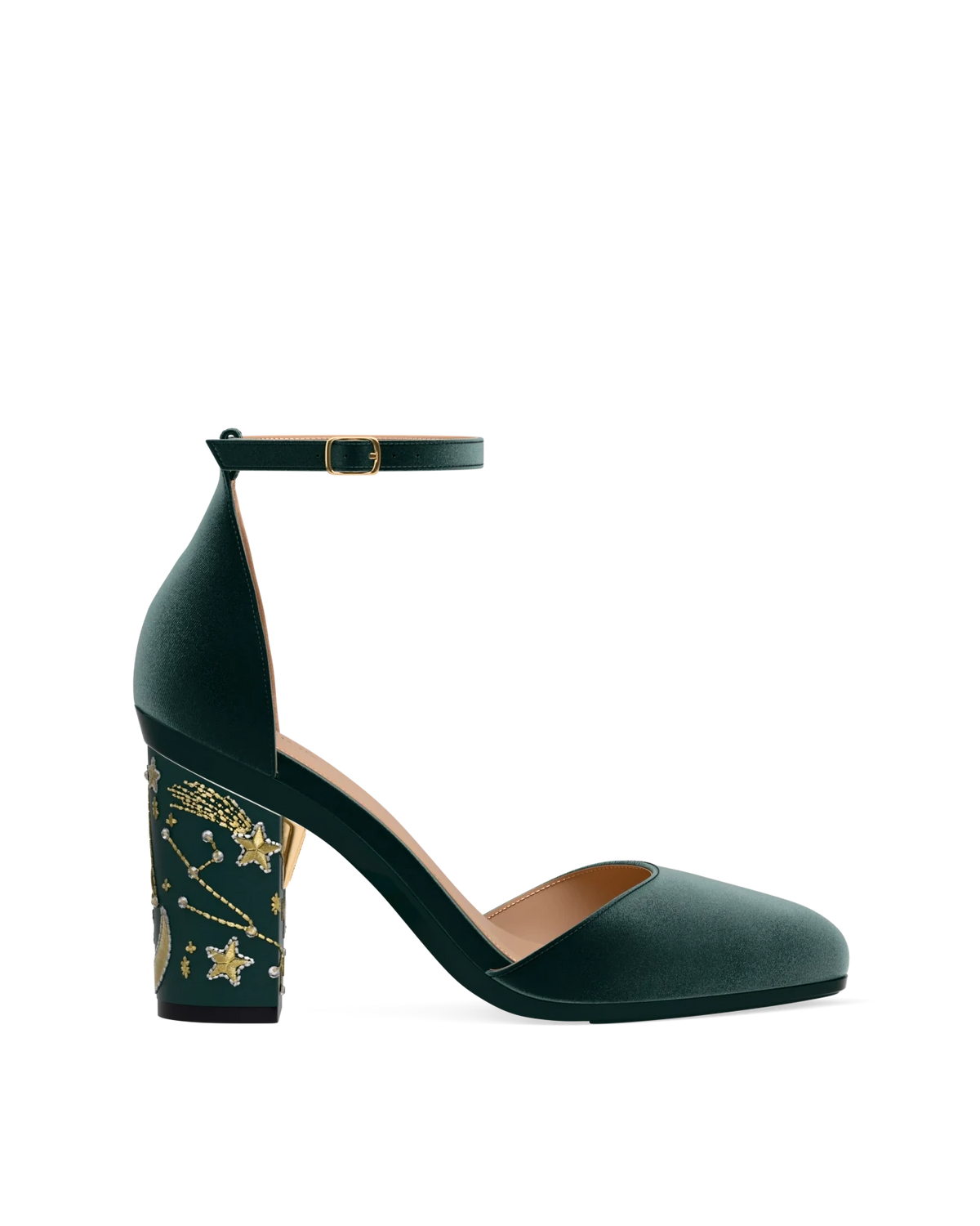 Block Heel Kit 4 Forest Constellation Embroidery shown on the Margot Forest Velvet upper. Pashion convertible heels go from heel to flat and are customizable with interchangeable heel kits.
