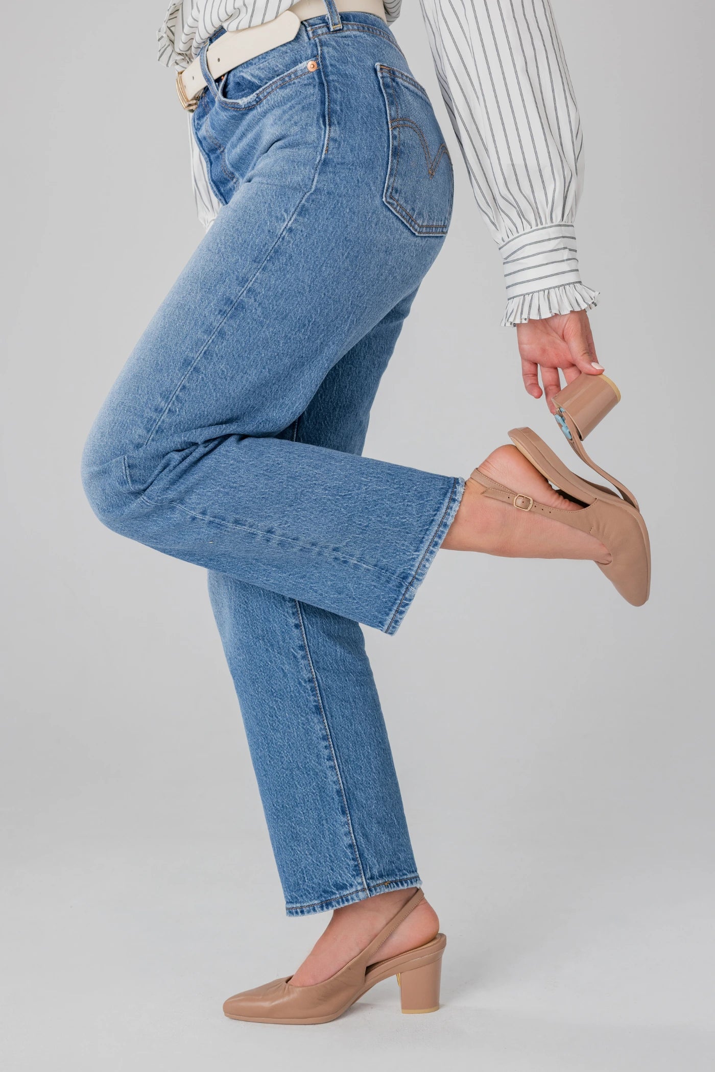 The Slingback Buckle - Latte Leather Flat