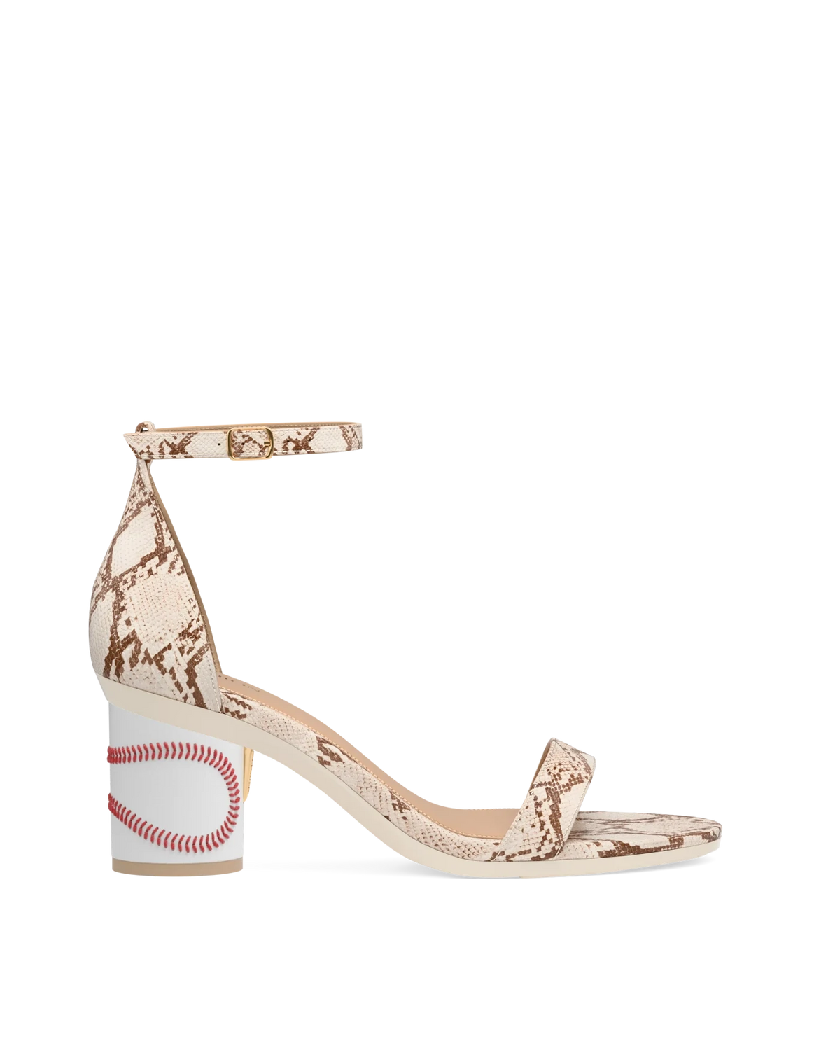 Cylinder Block Heel Kit 3 Baseball shown on the Pashionista Ivory Snakeskin PU upper. Pashion convertible heels go from heel to flat and are customizable with interchangeable heel kits.