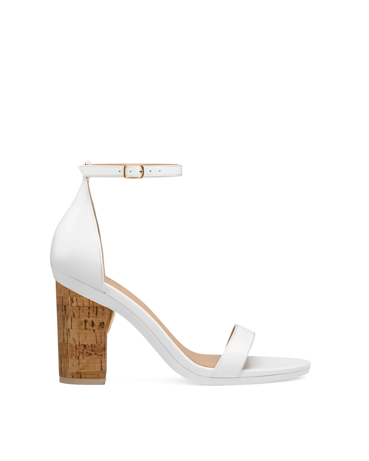 Block Heel Kit 4 Cork shown on the Pashionista White Leather upper. Pashion convertible heels go from heel to flat and are customizable with interchangeable heel kits.