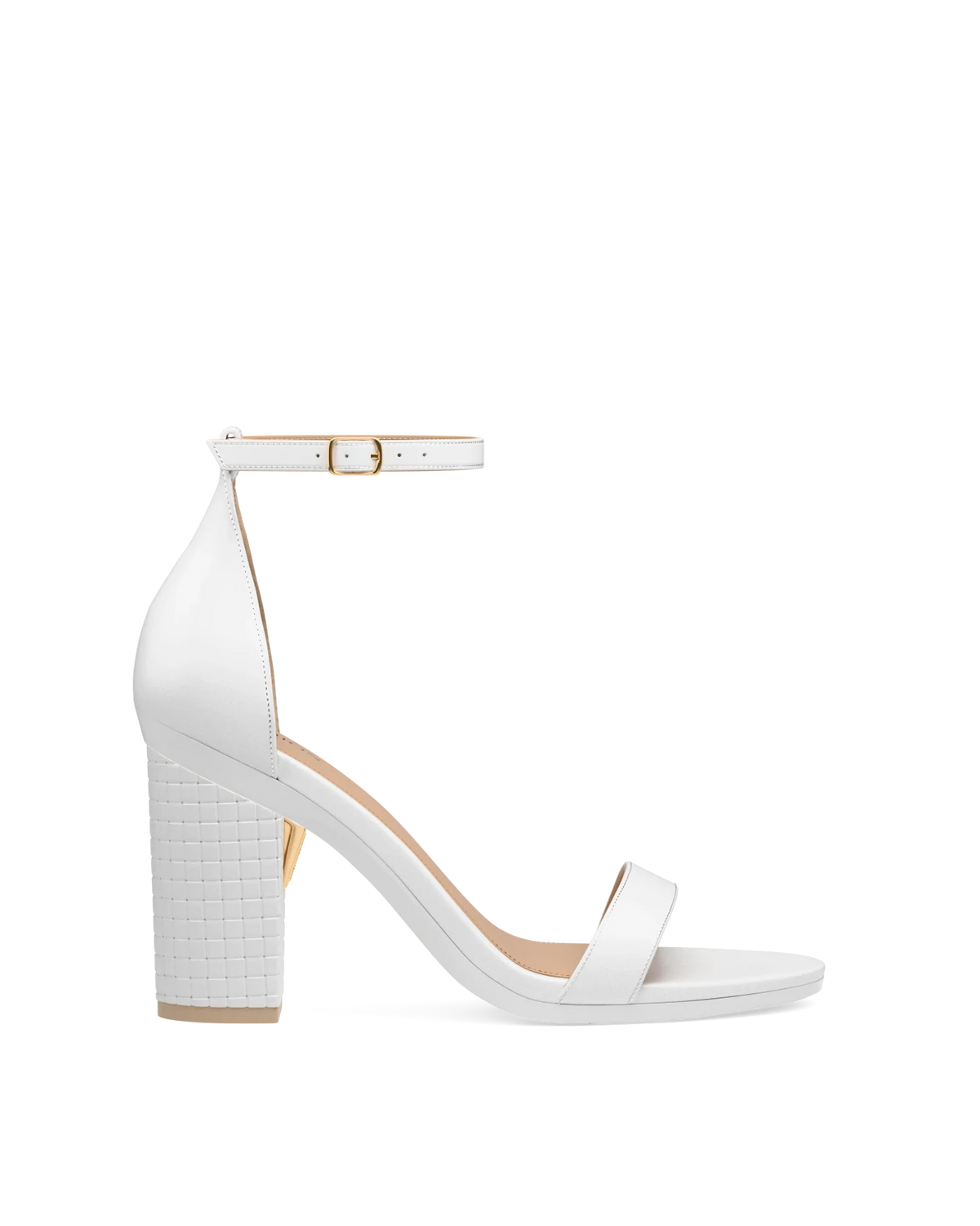 Block Heel Kit 4 White Woven Leather shown on the Pashionista White Leather upper. Pashion convertible heels go from heel to flat and are customizable with interchangeable heel kits.
